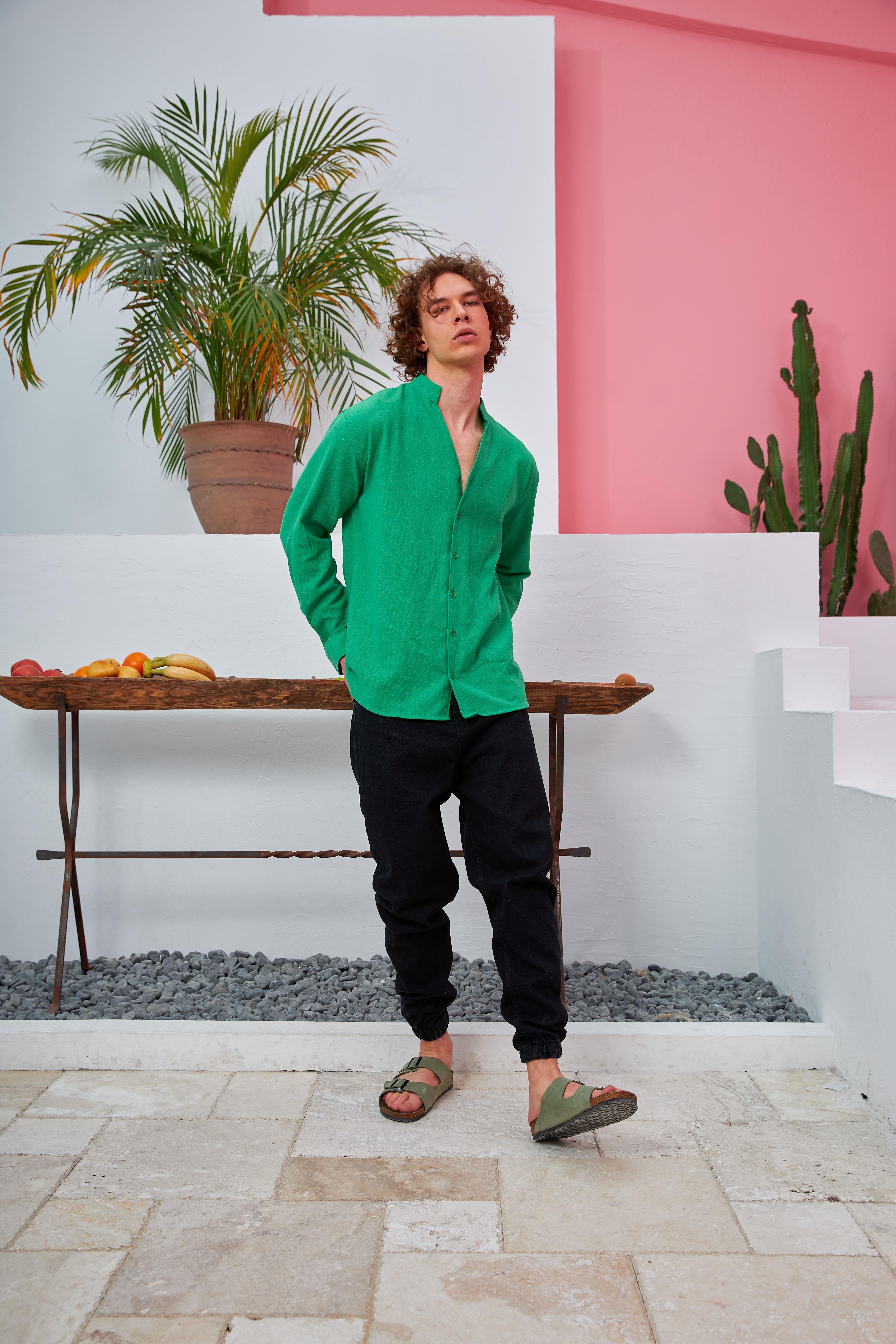 R-3608 Hakim V Yaka Uzun Kol Oversize Keten Karışımlı Gömlek