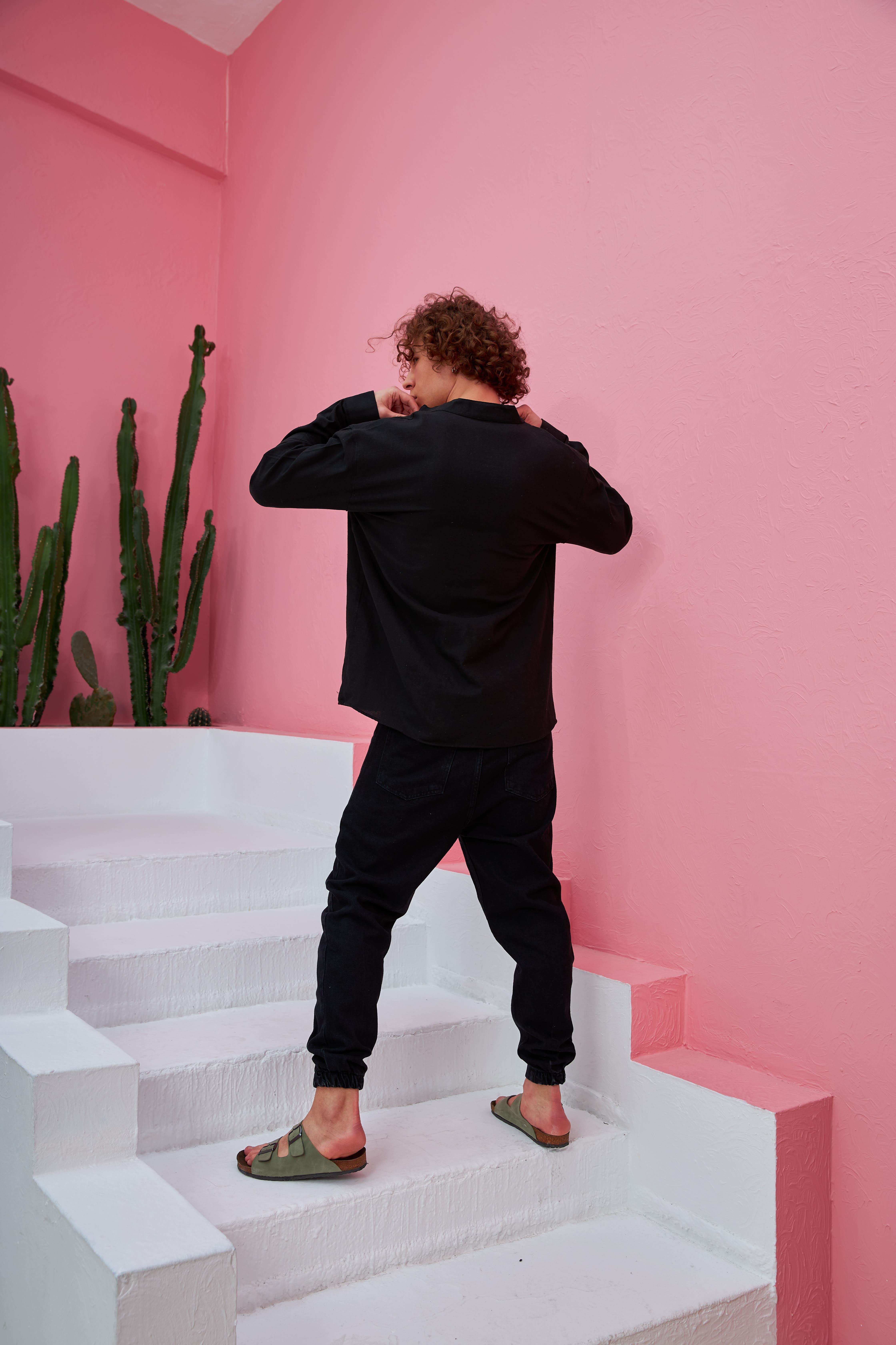 R-3608 Hakim V Yaka Uzun Kol Oversize Keten Karışımlı Gömlek