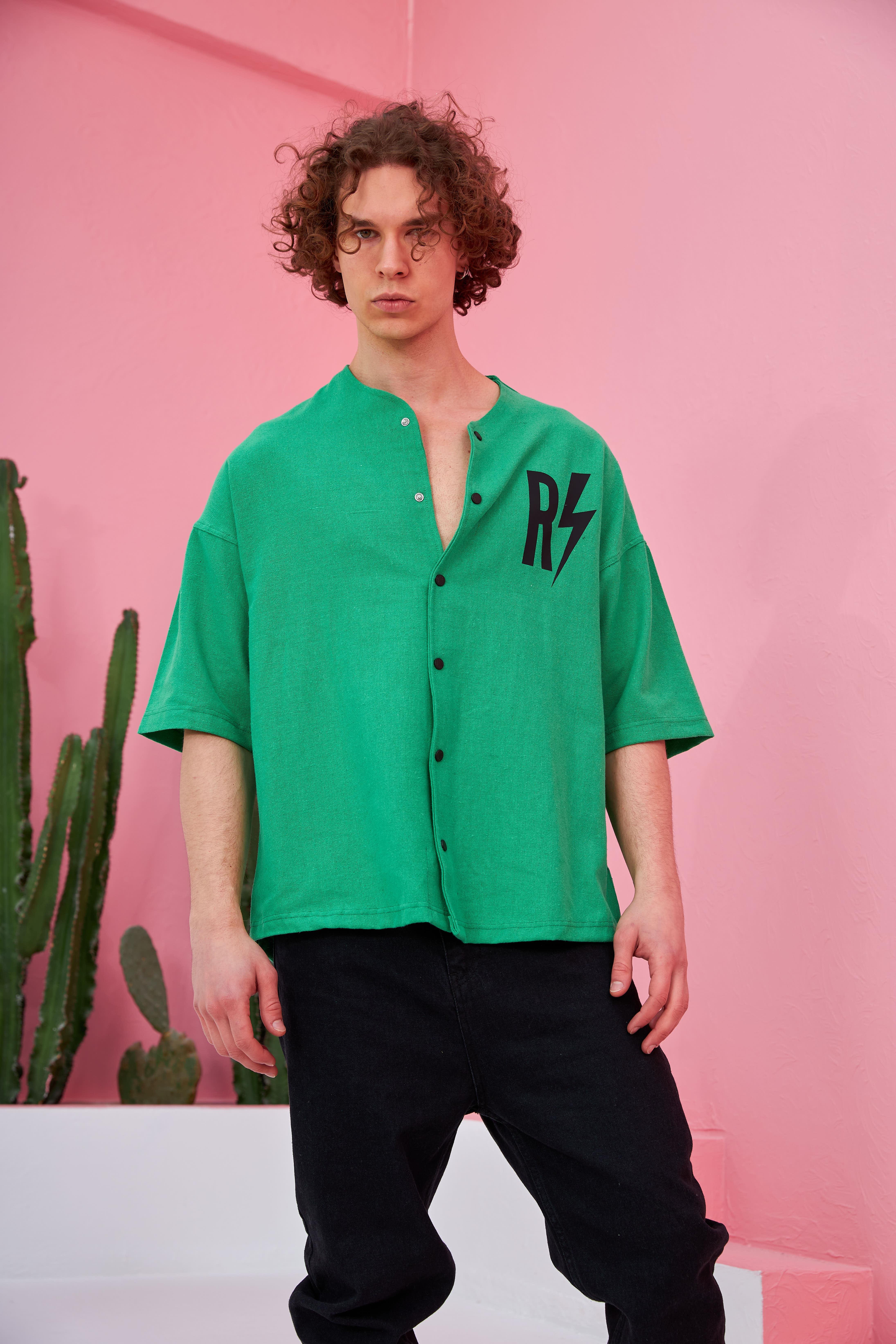 R-3641 Kısa Kol Pervaz Yaka Oversize Keten Gömlek
