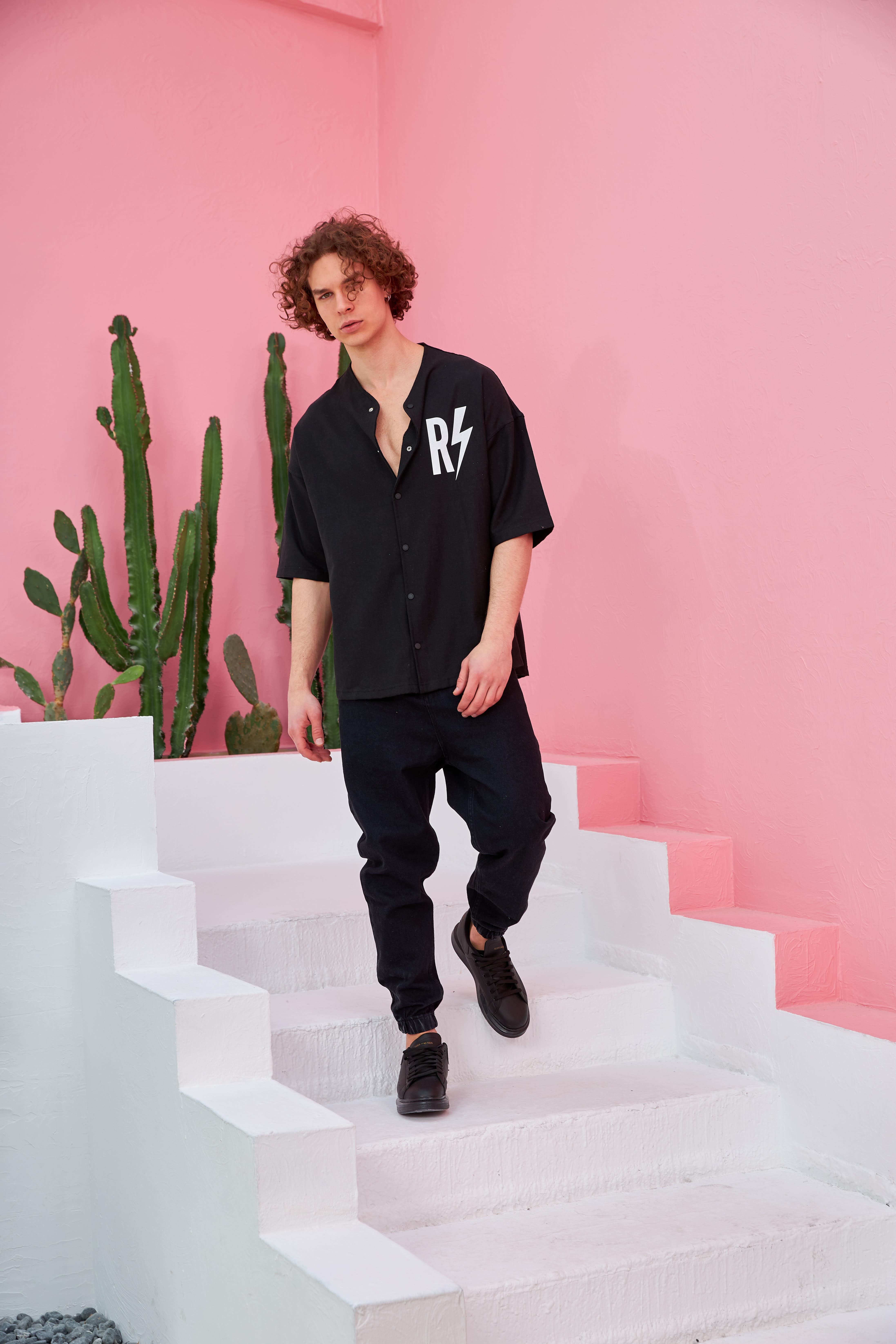 R-3641 Kısa Kol Pervaz Yaka Oversize Keten Gömlek