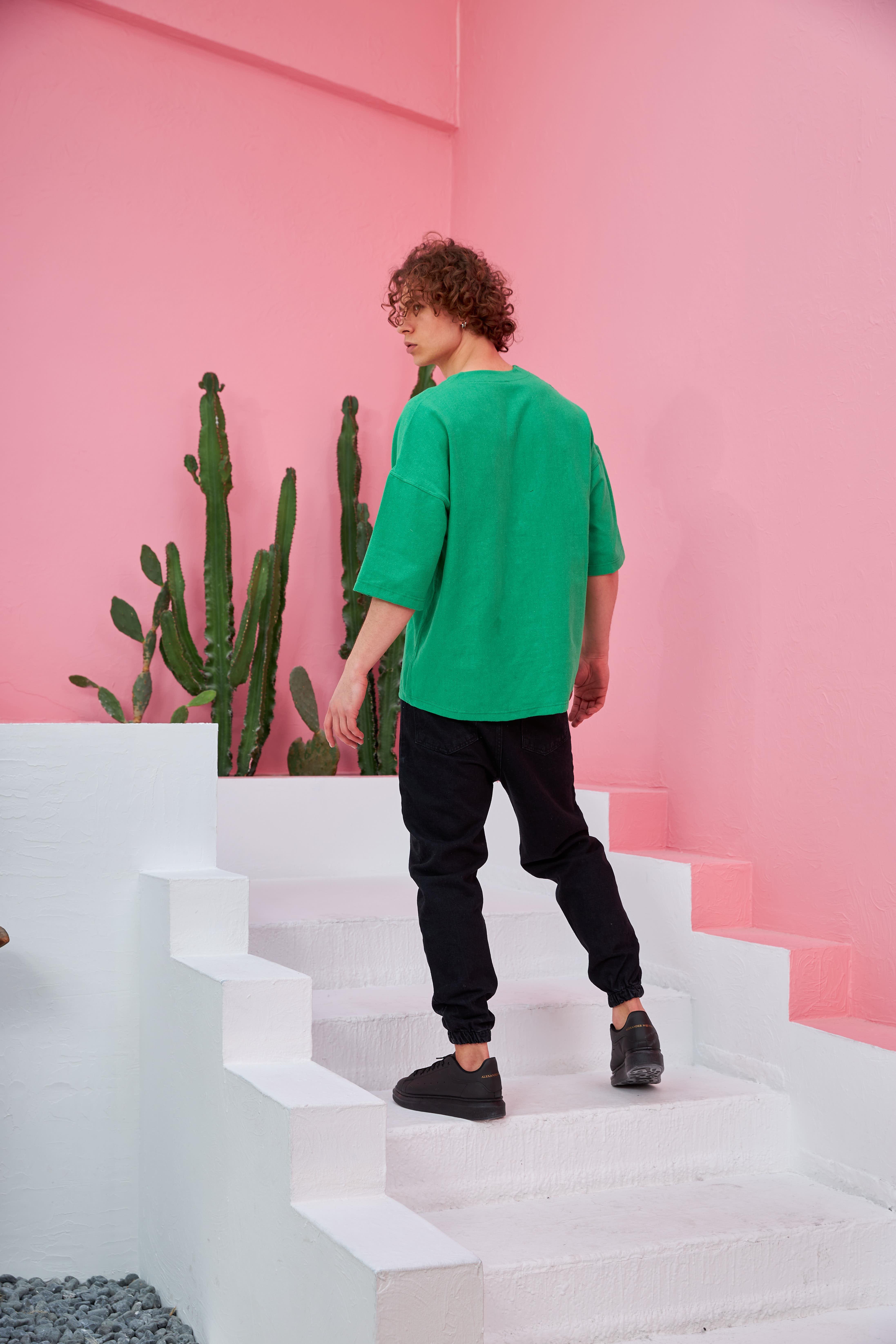 R-3641 Kısa Kol Pervaz Yaka Oversize Keten Gömlek