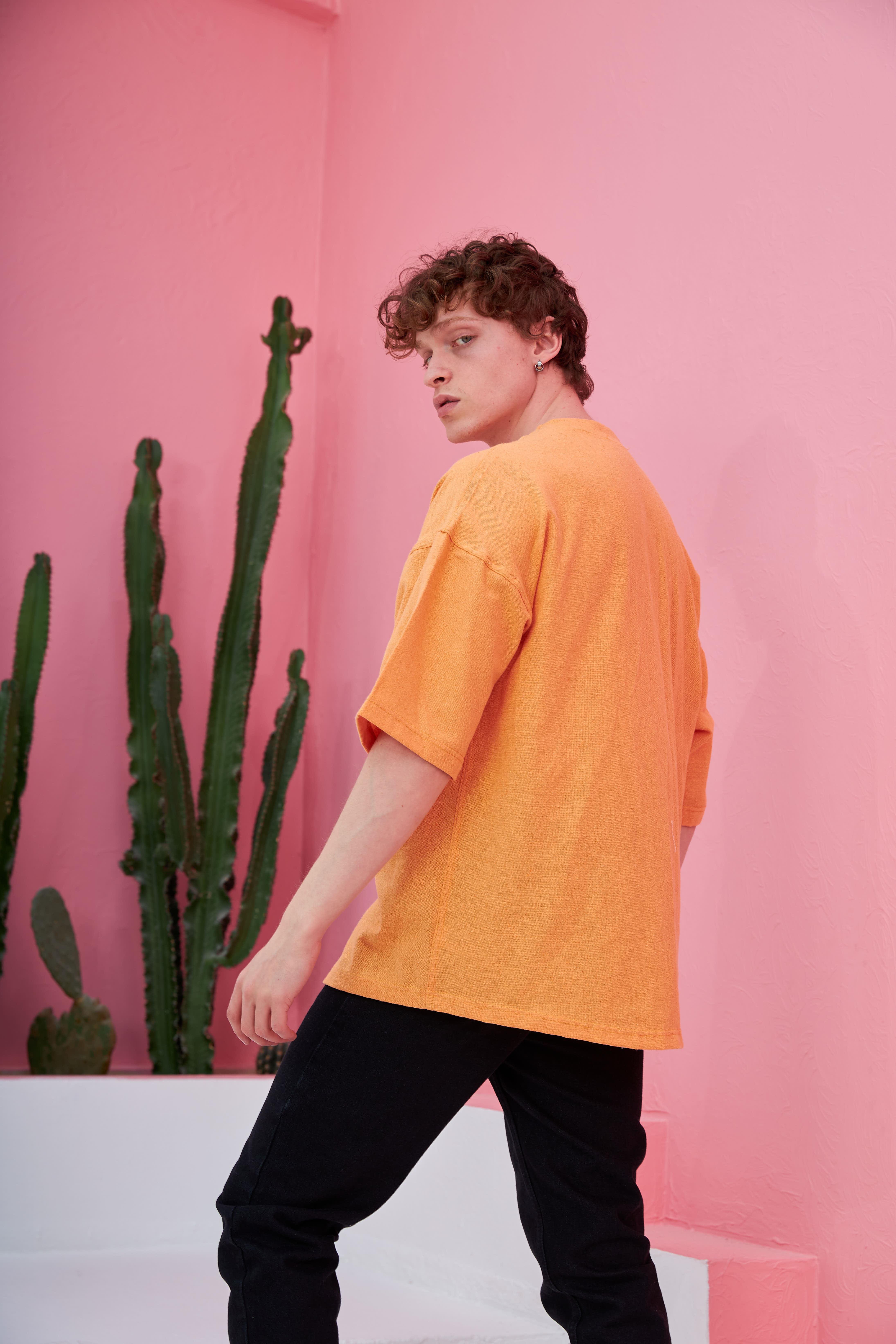 R-3641 Kısa Kol Pervaz Yaka Oversize Keten Gömlek