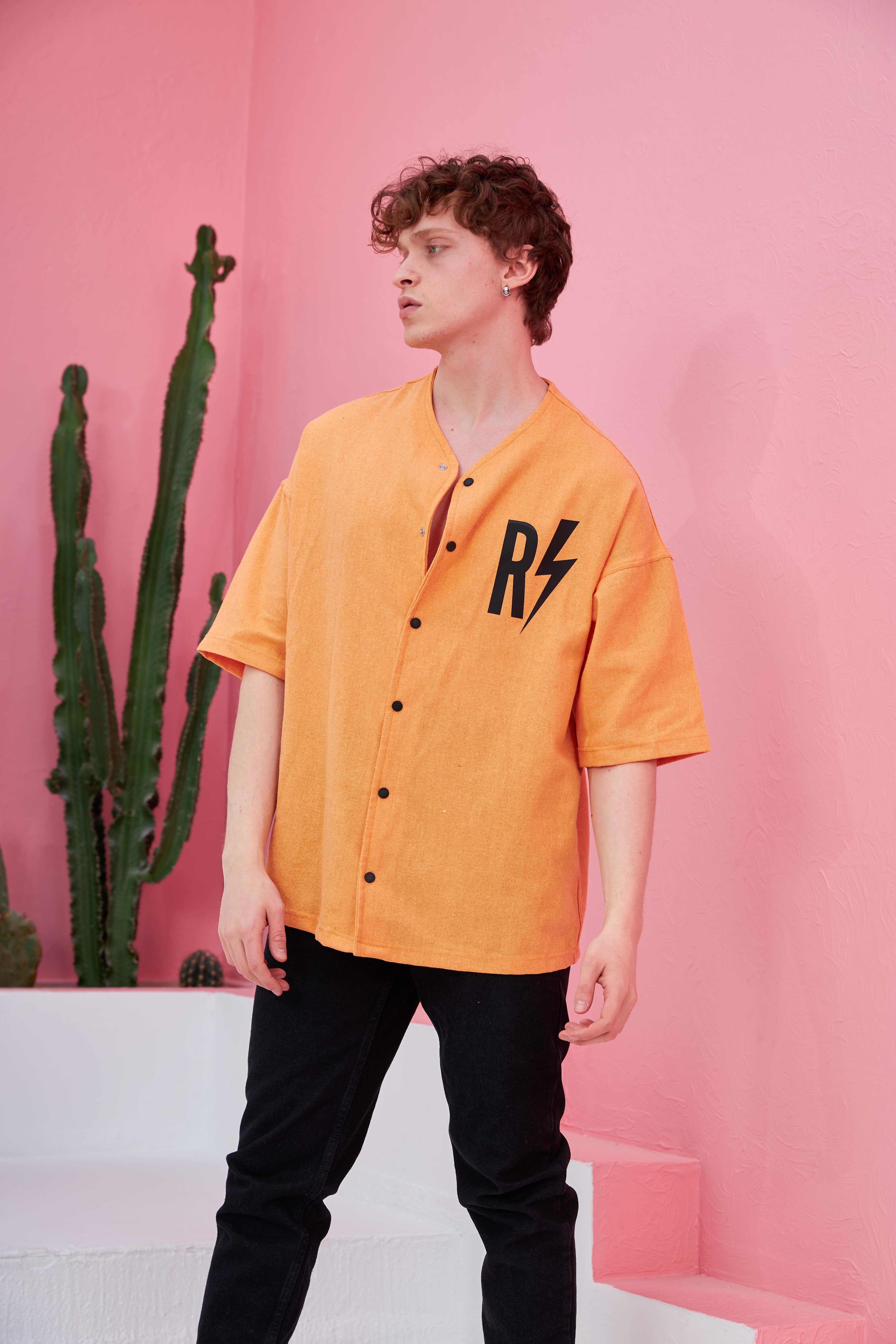 R-3641 Kısa Kol Pervaz Yaka Oversize Keten Gömlek