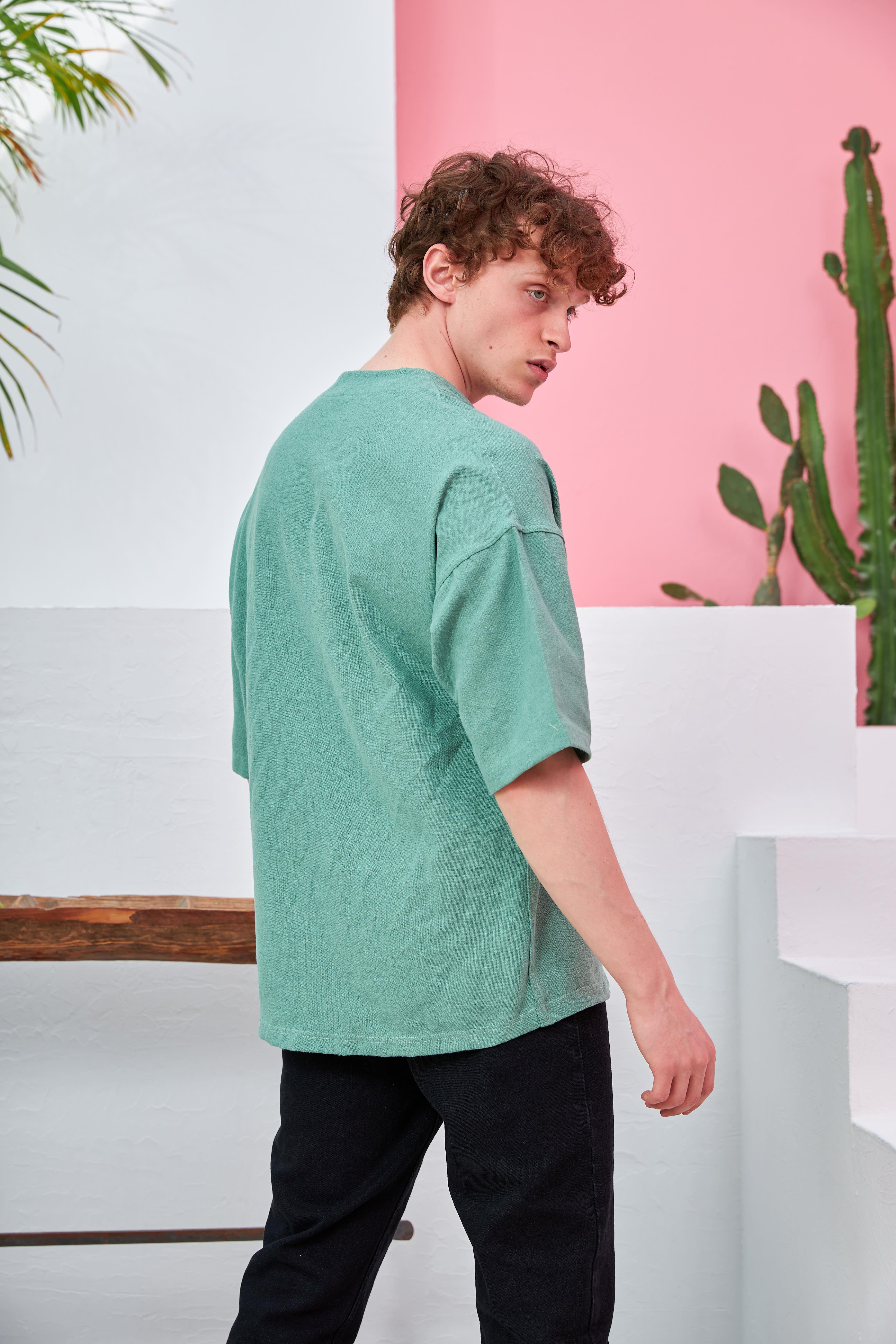 R-3641 Kısa Kol Pervaz Yaka Oversize Keten Gömlek