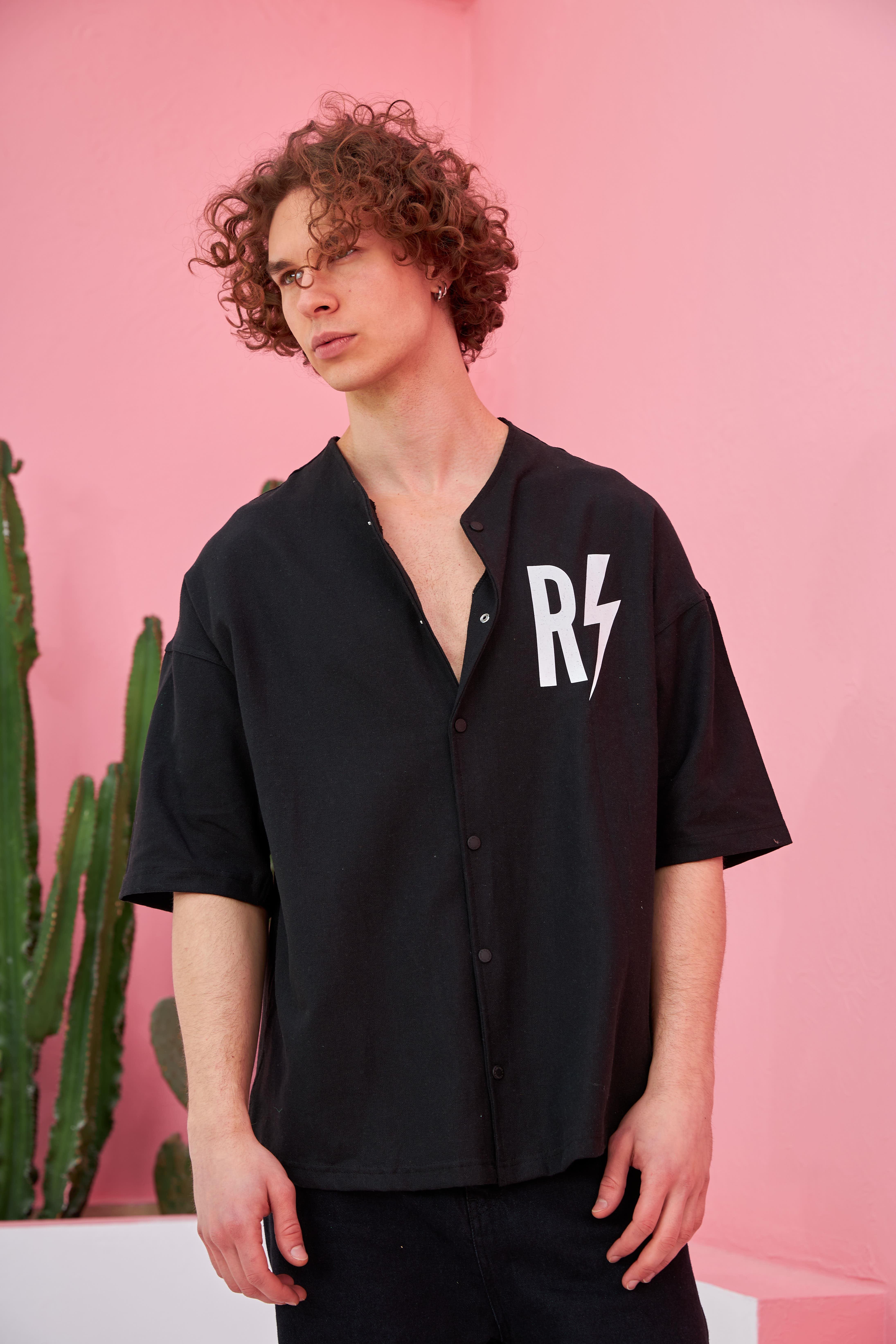 R-3641 Kısa Kol Pervaz Yaka Oversize Keten Gömlek