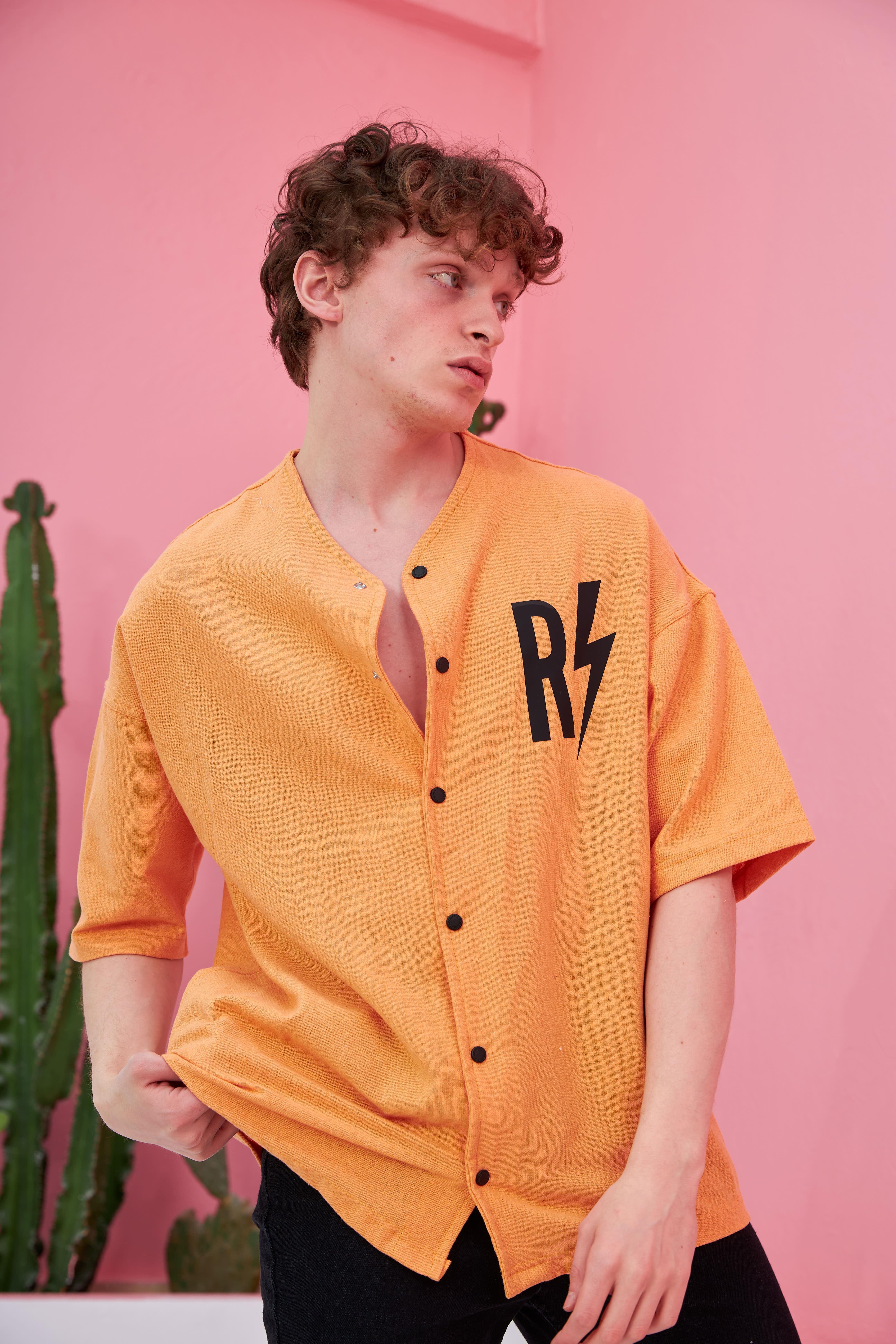 R-3641 Kısa Kol Pervaz Yaka Oversize Keten Gömlek