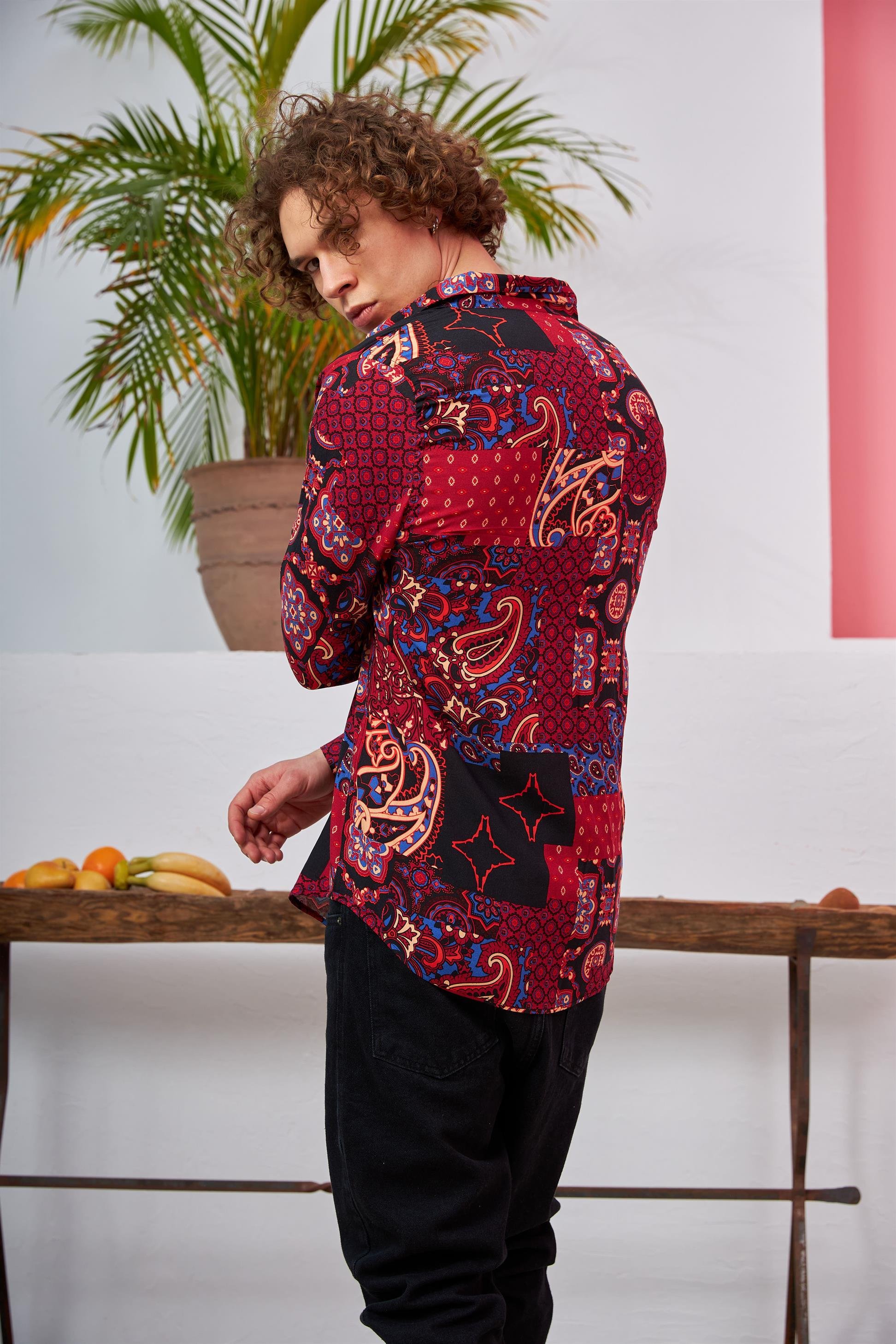 R-3678 Renkli Kilim Desen Gizli Pat Uzun Kolu Gömlek