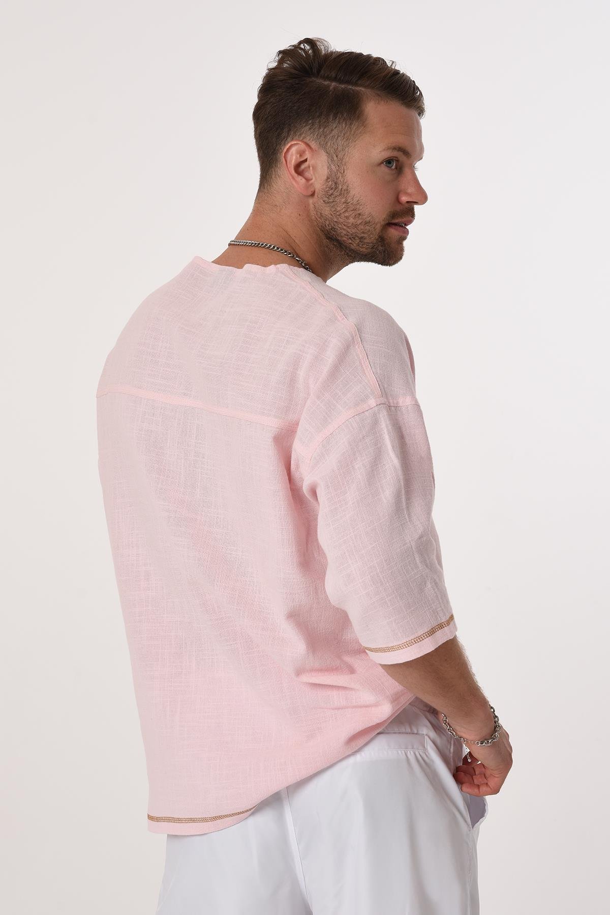 R-3703 Tek Cep Kapaklı Ayı Nakışlı Eteği Kolu Karyokalı Keten Tshirt