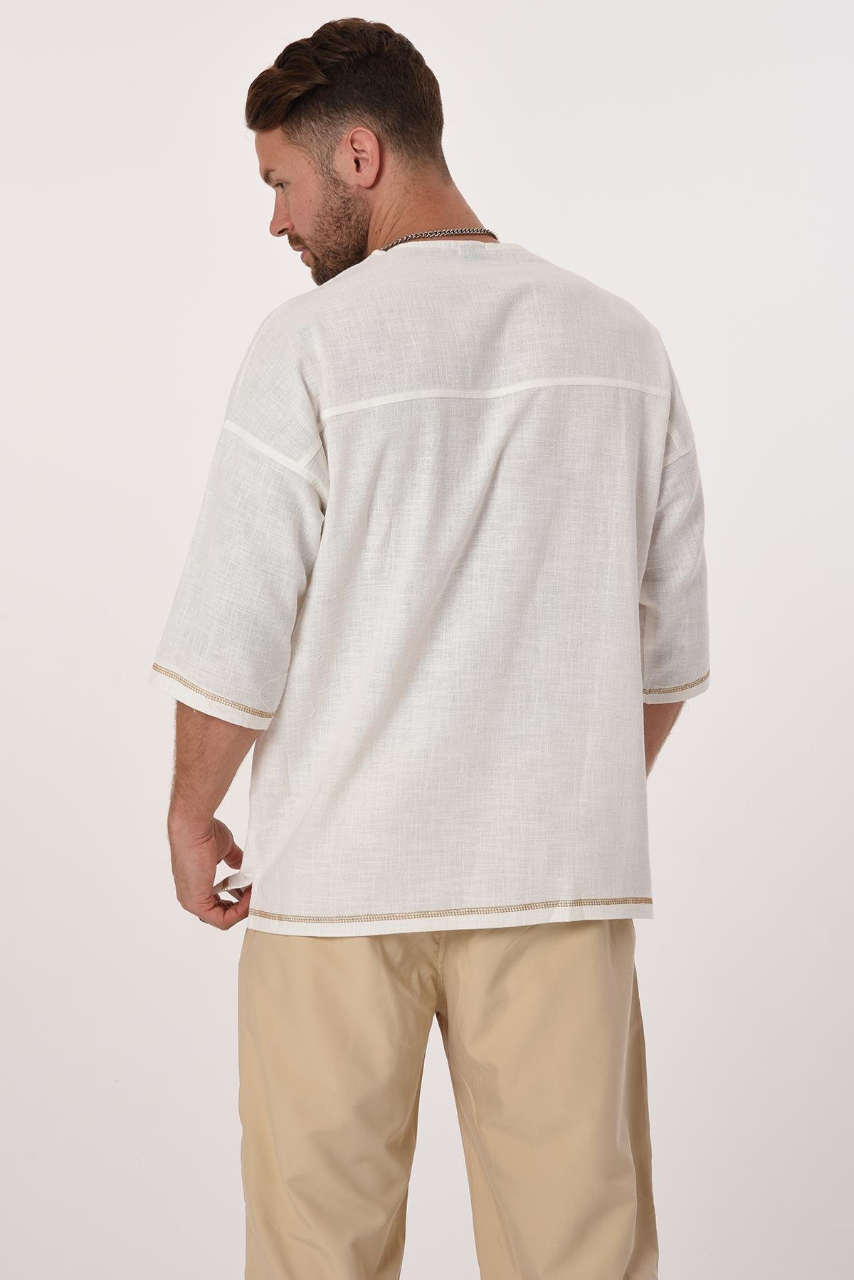 R-3703 Tek Cep Kapaklı Ayı Nakışlı Eteği Kolu Karyokalı Keten Tshirt