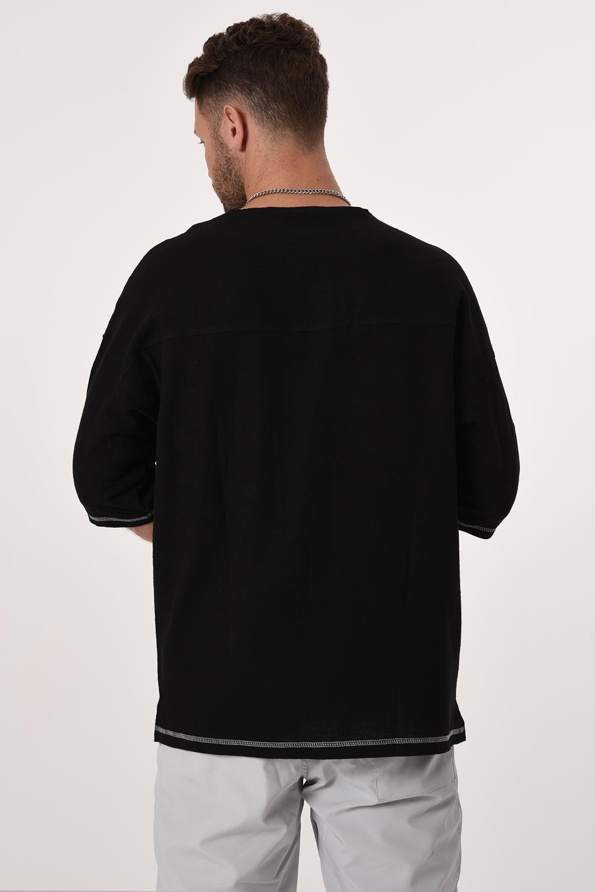 R-3703 Tek Cep Kapaklı Ayı Nakışlı Eteği Kolu Karyokalı Keten Tshirt