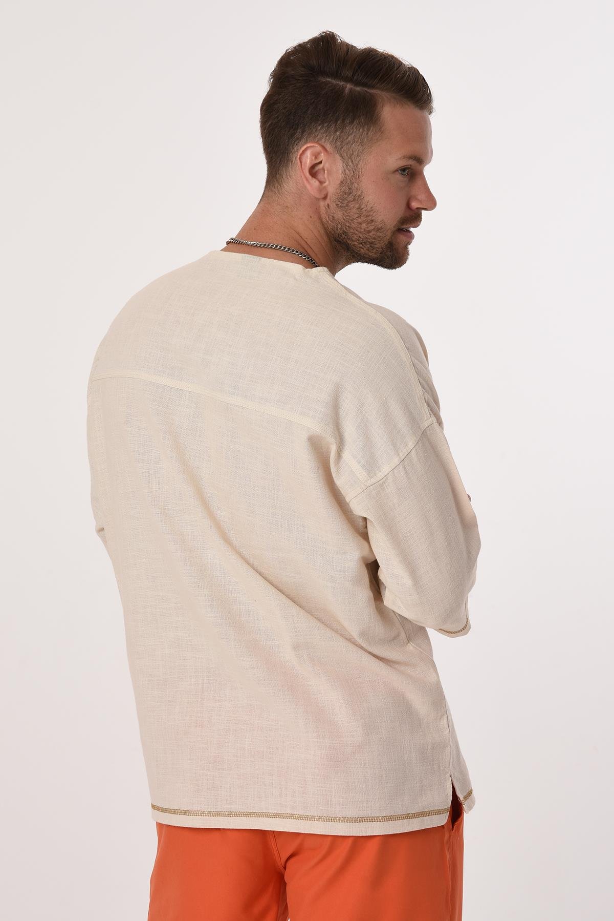 R-3703 Tek Cep Kapaklı Ayı Nakışlı Eteği Kolu Karyokalı Keten Tshirt