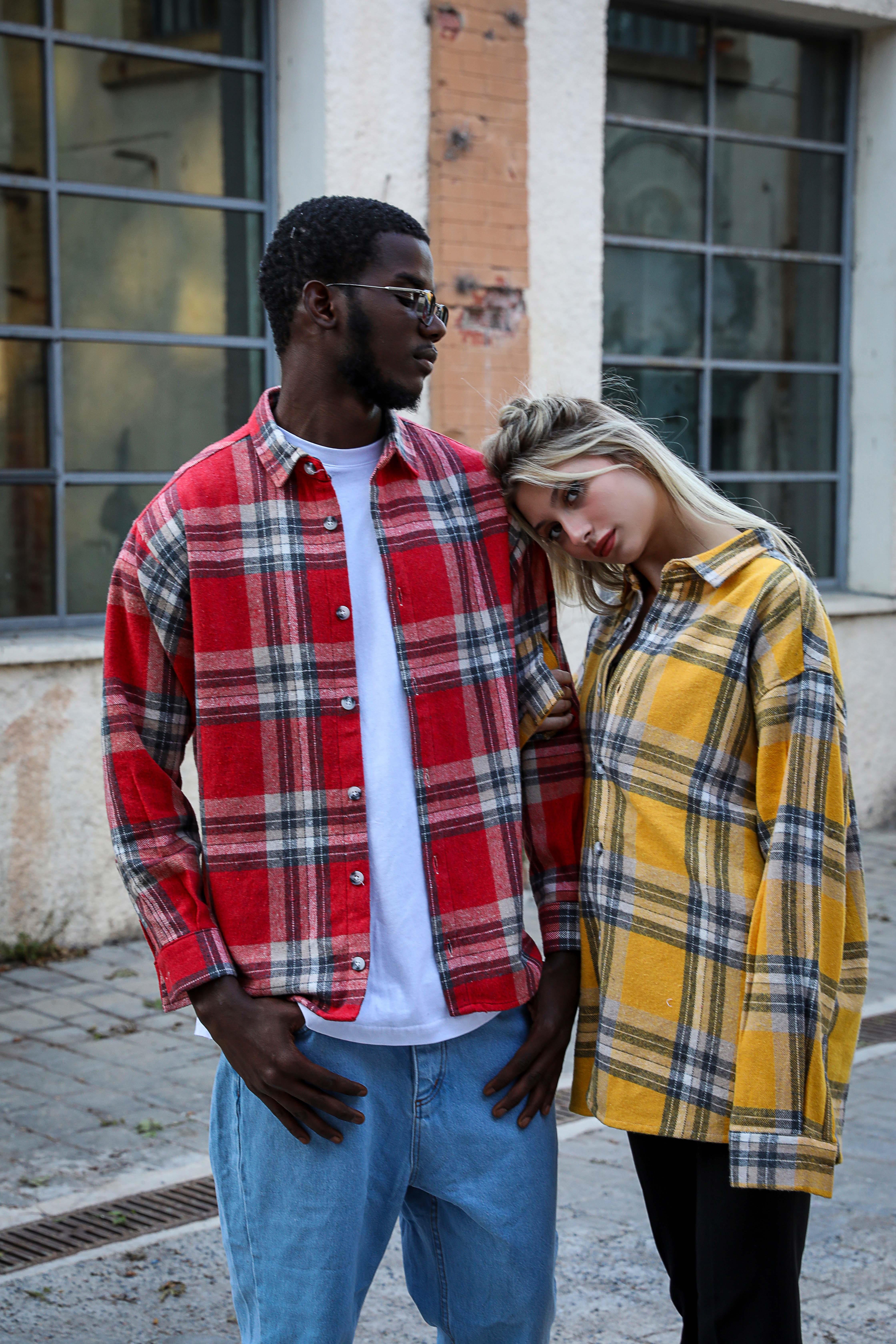 R-3799 Ayaklı Yaka Uzun Kol Hafif Oversize Ekose Gömlek