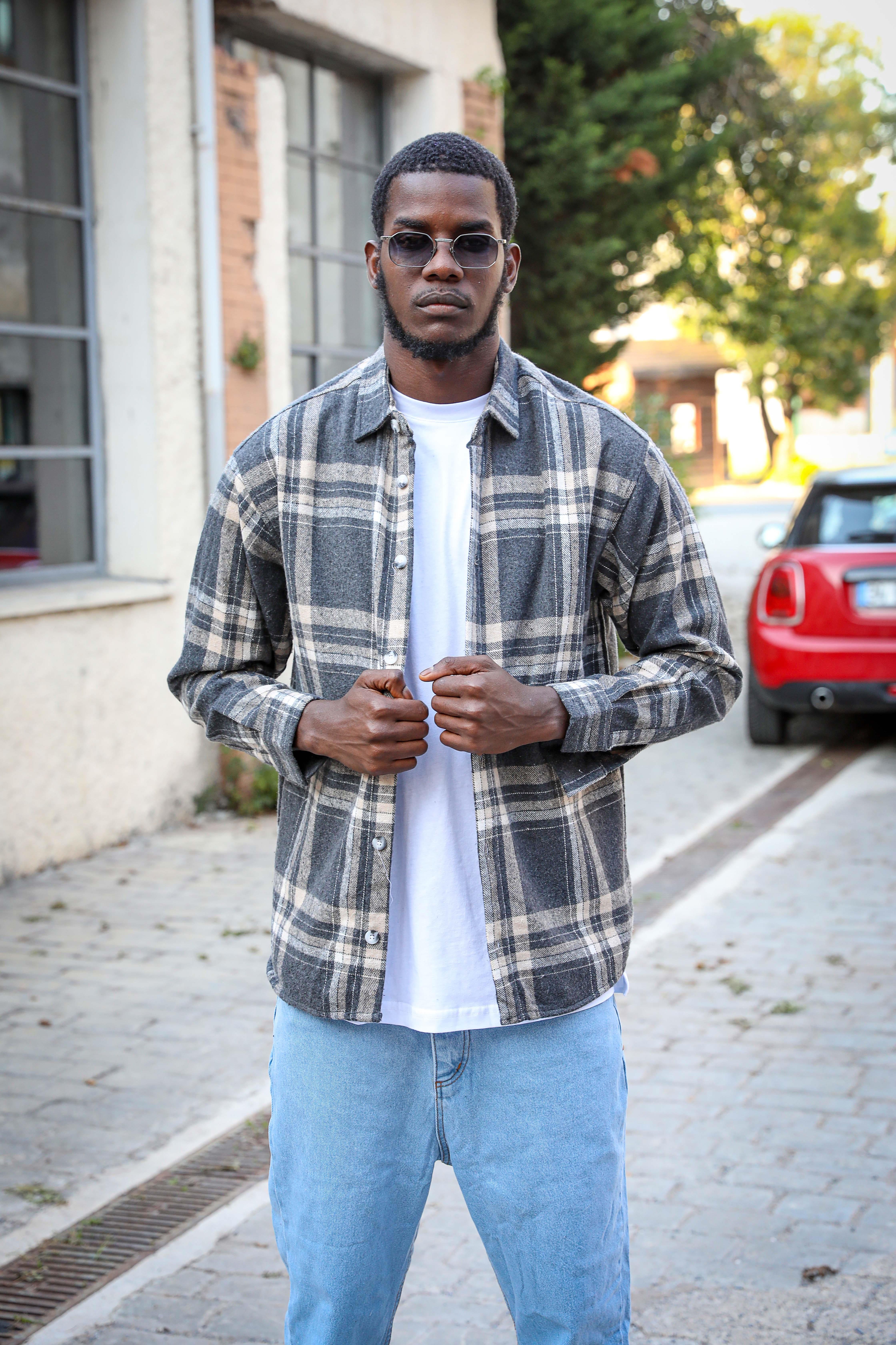 R-3799 Ayaklı Yaka Uzun Kol Hafif Oversize Ekose Gömlek