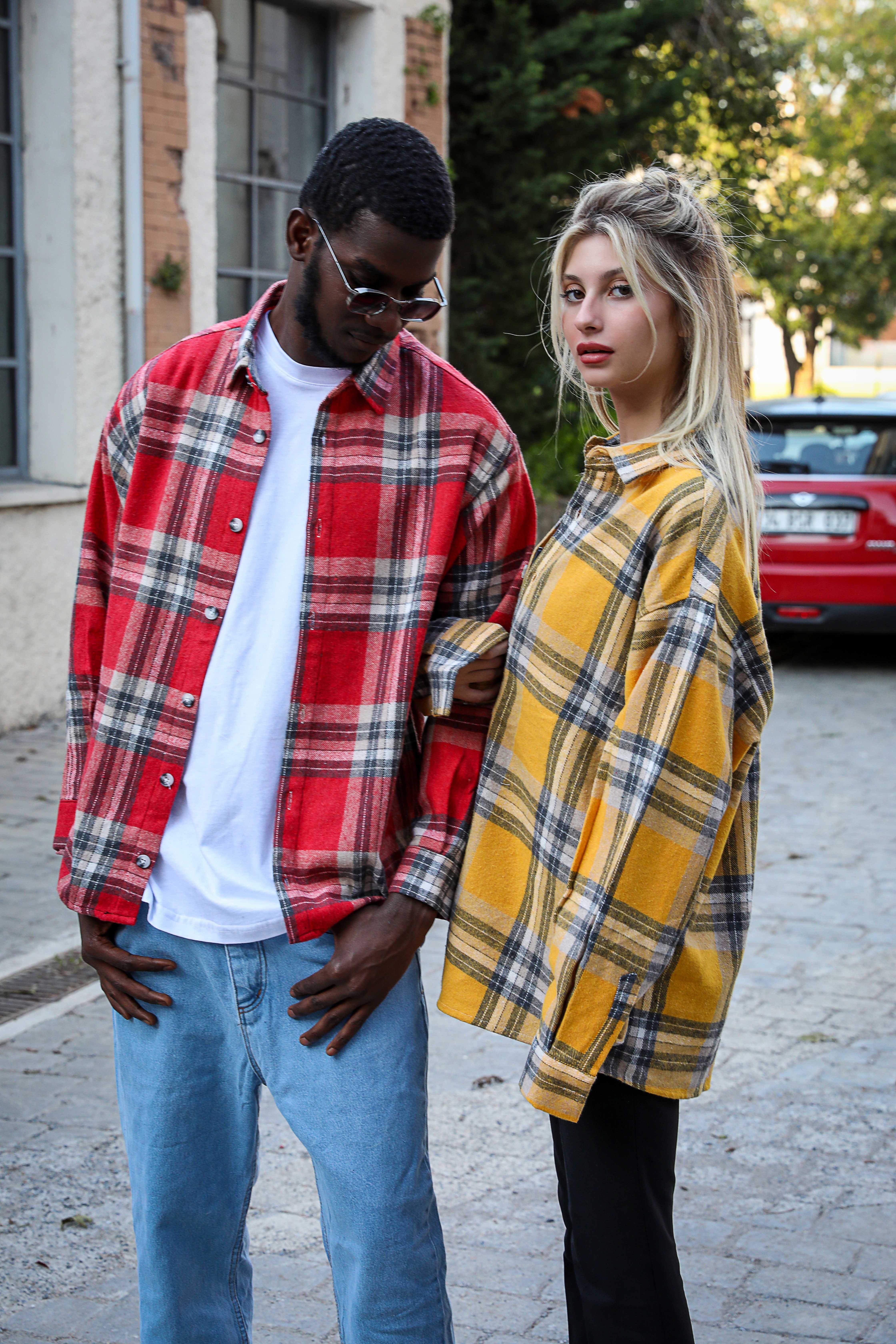 R-3799 Ayaklı Yaka Uzun Kol Hafif Oversize Ekose Gömlek