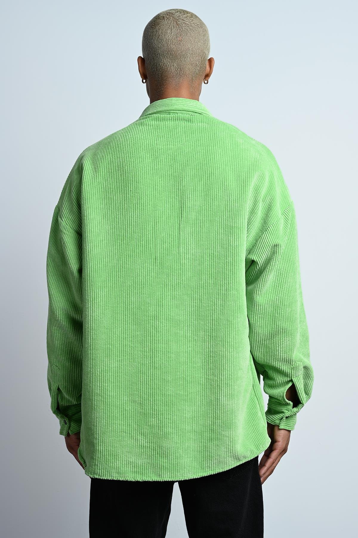 R-3826 Ayaklı Yaka Oversize Fitilli Kadife Gömlek