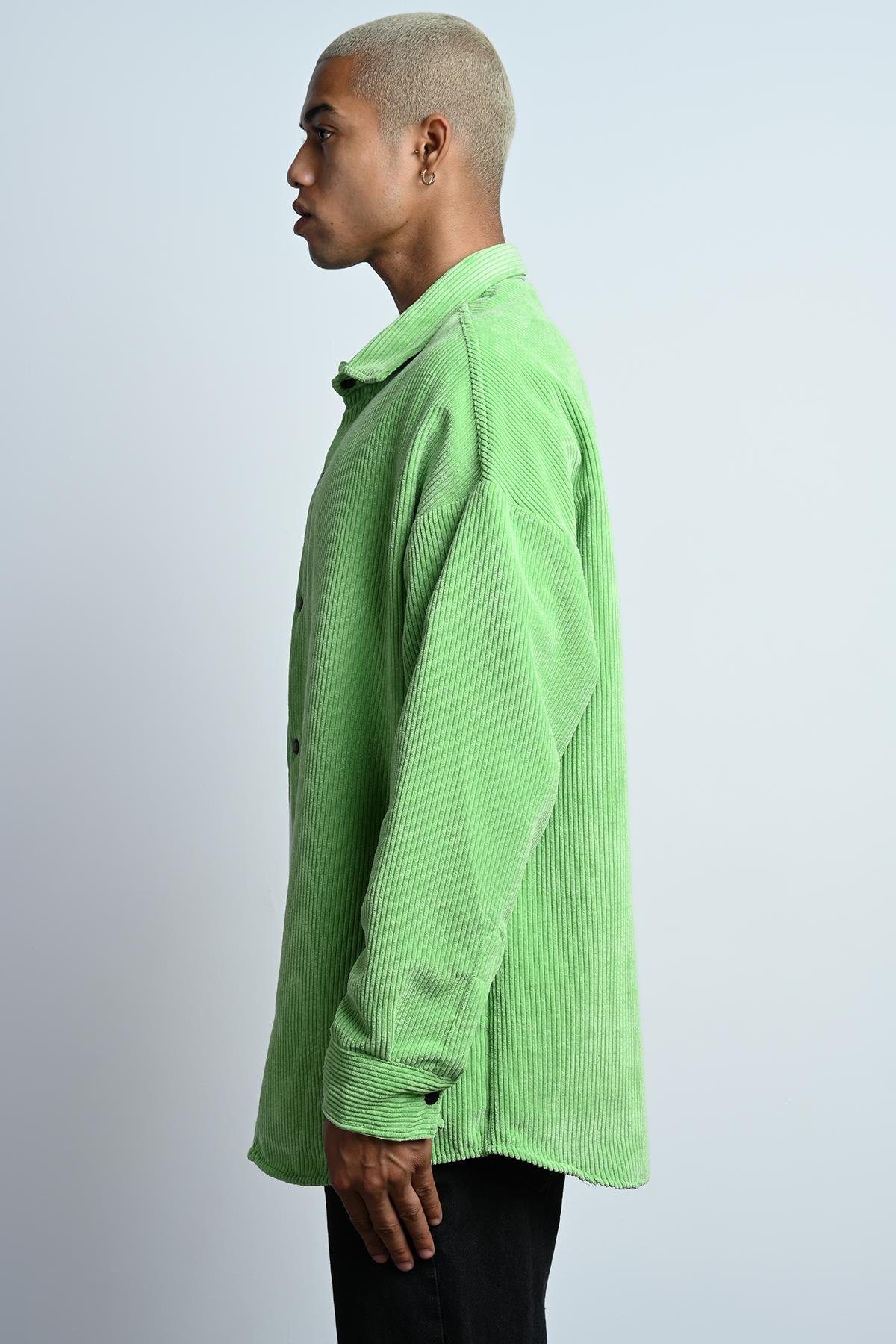 R-3826 Ayaklı Yaka Oversize Fitilli Kadife Gömlek