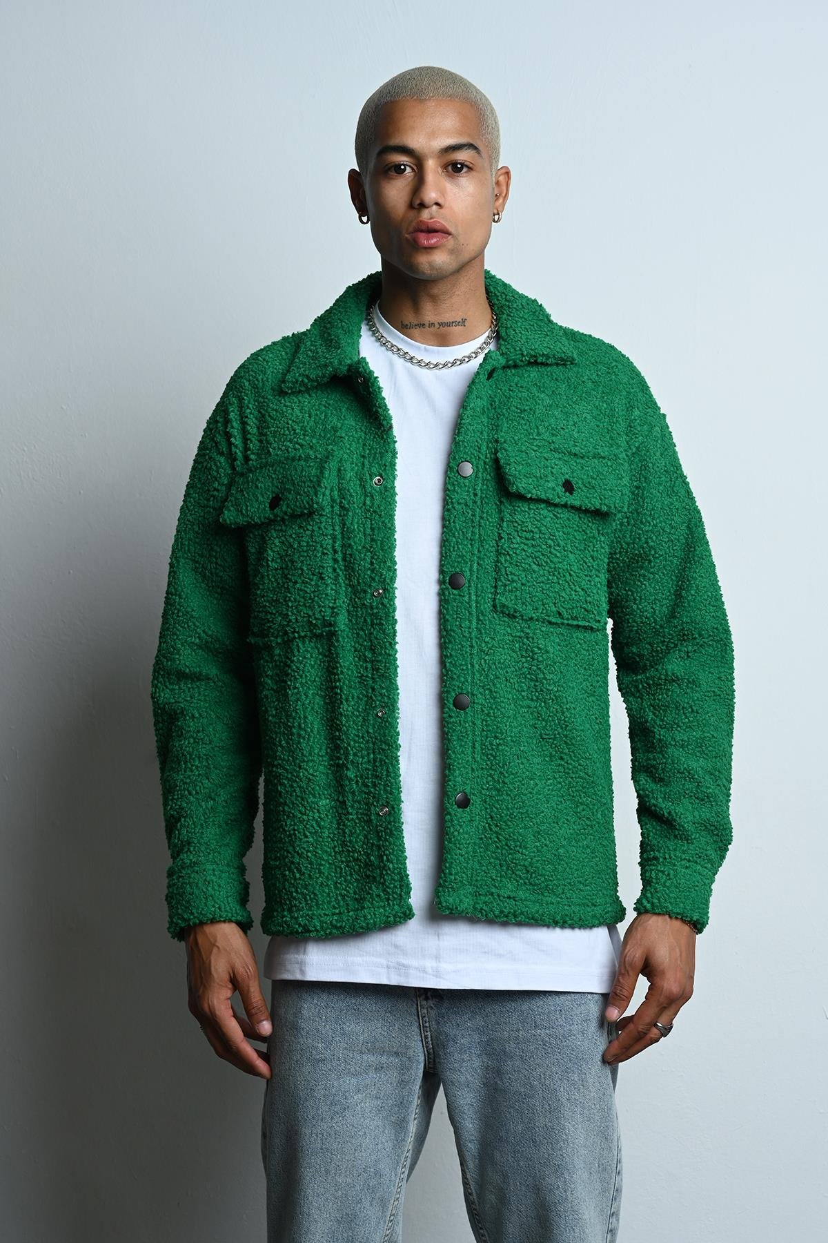 R-3837 Peluş Çift Cep Kapaklı Gömlek