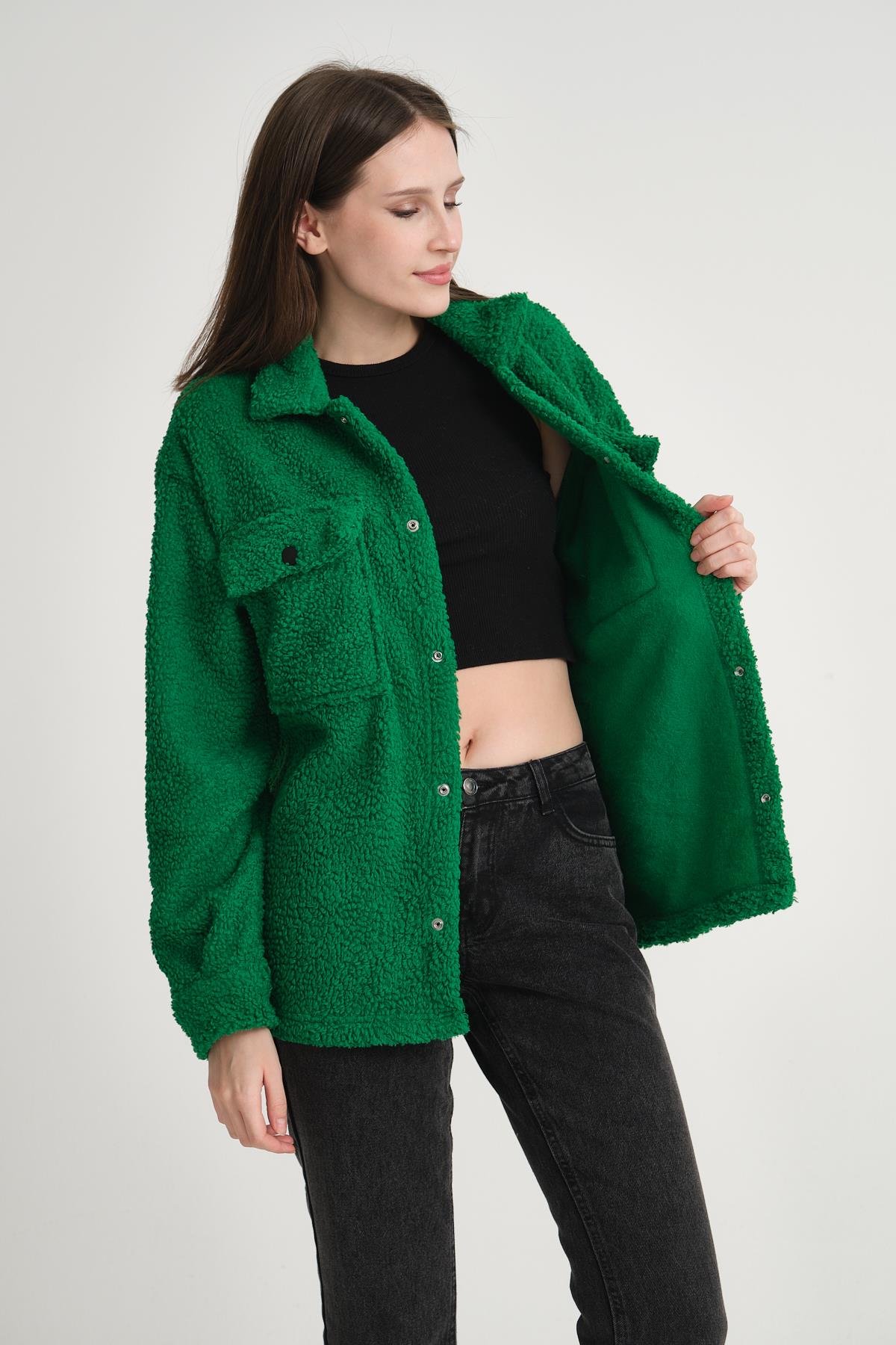 R-3837 Peluş Çift Cep Kapaklı Gömlek