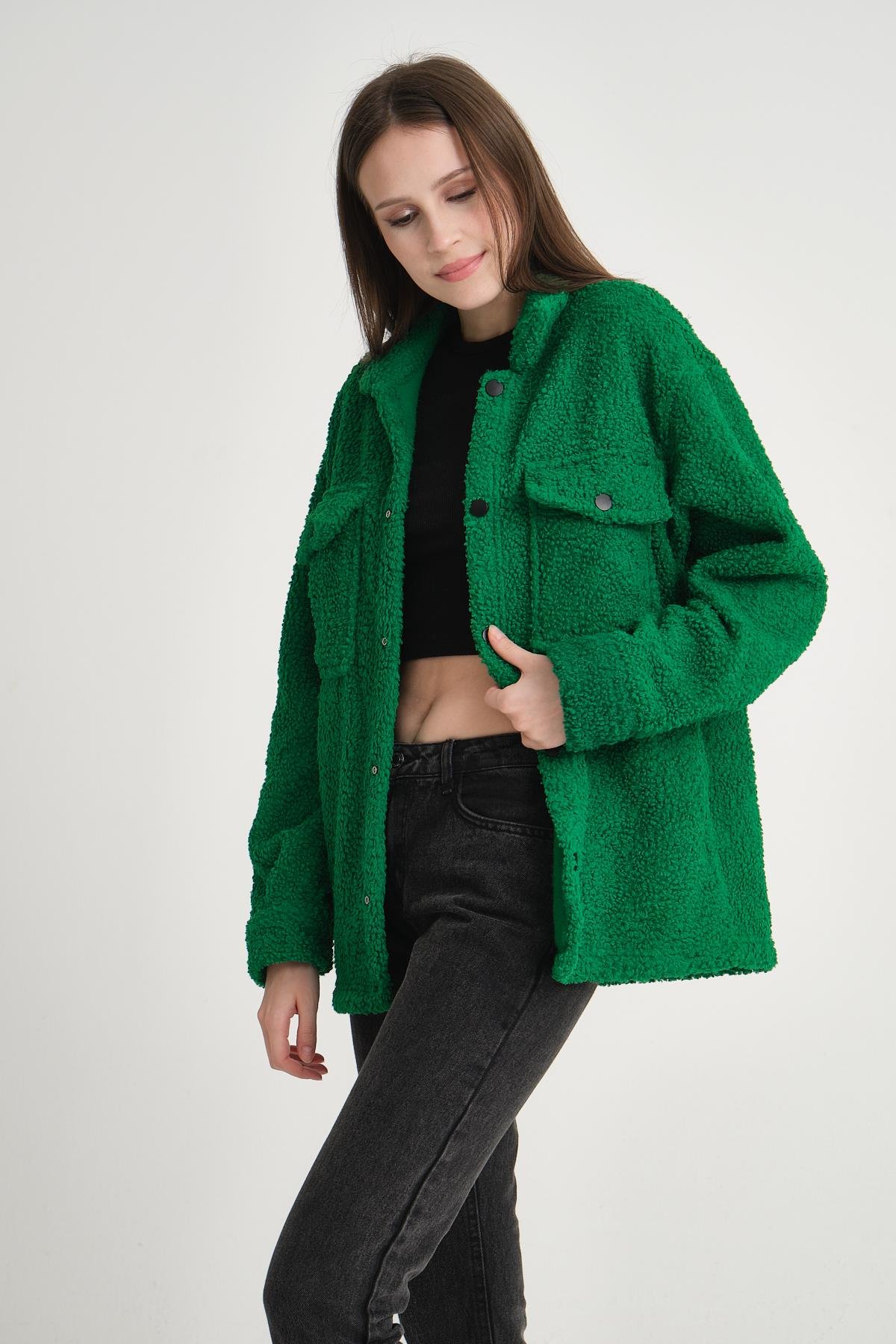 R-3837 Peluş Çift Cep Kapaklı Gömlek