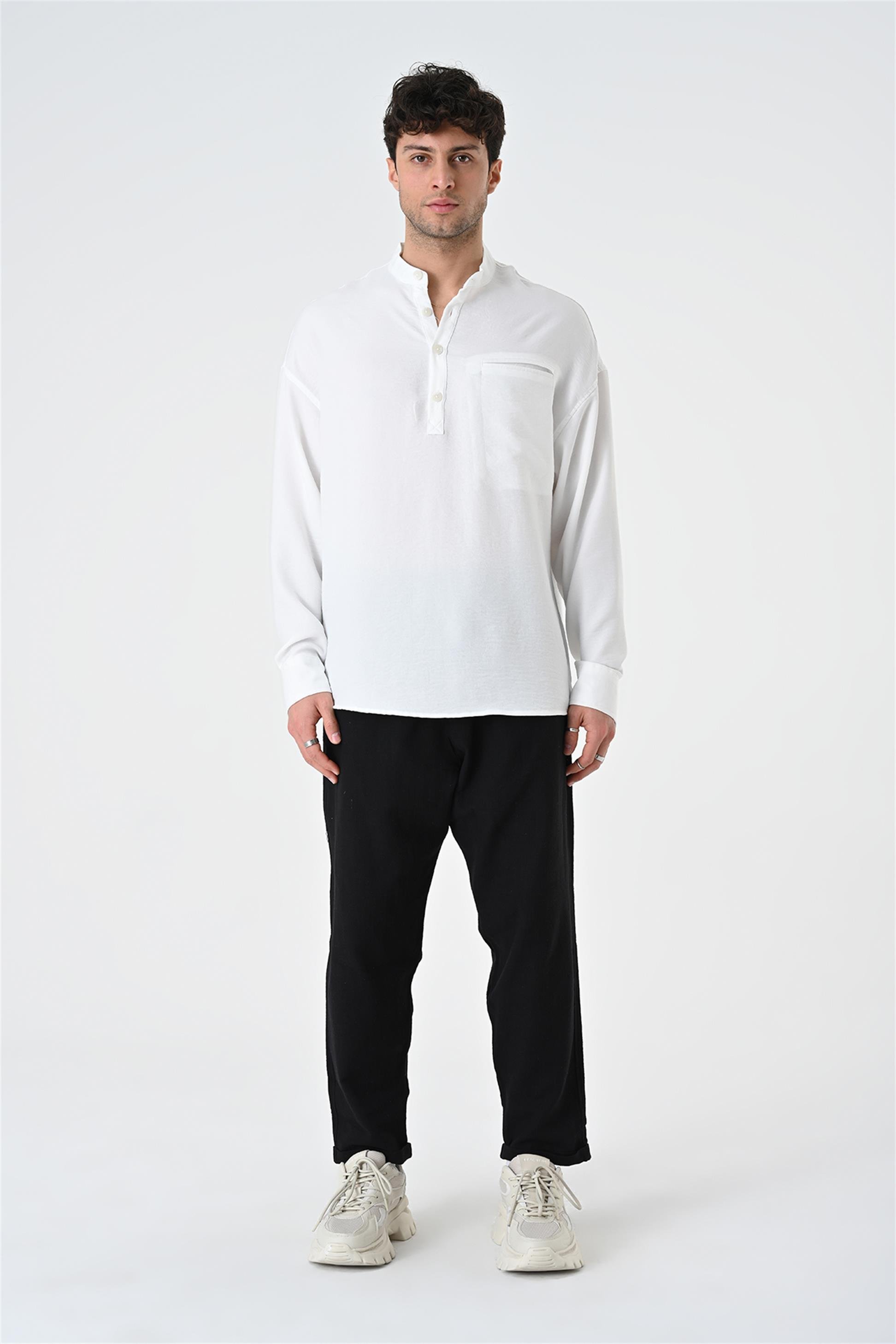 R-3886 Yarım Pat Detaylı Uzun Kol Gömlek