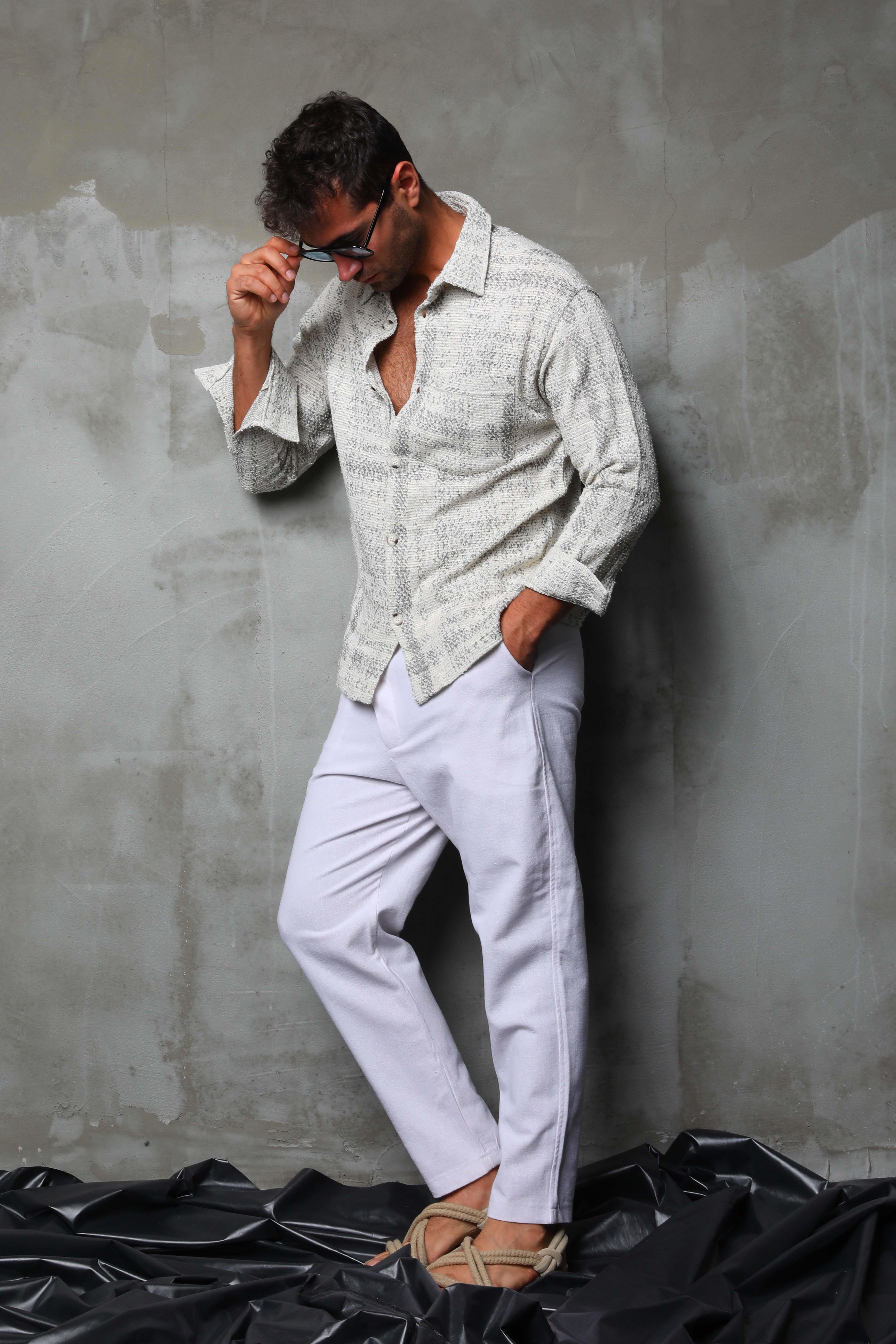 R-3919 Ayaklı Yaka Uzun Kol Jakar Gömlek