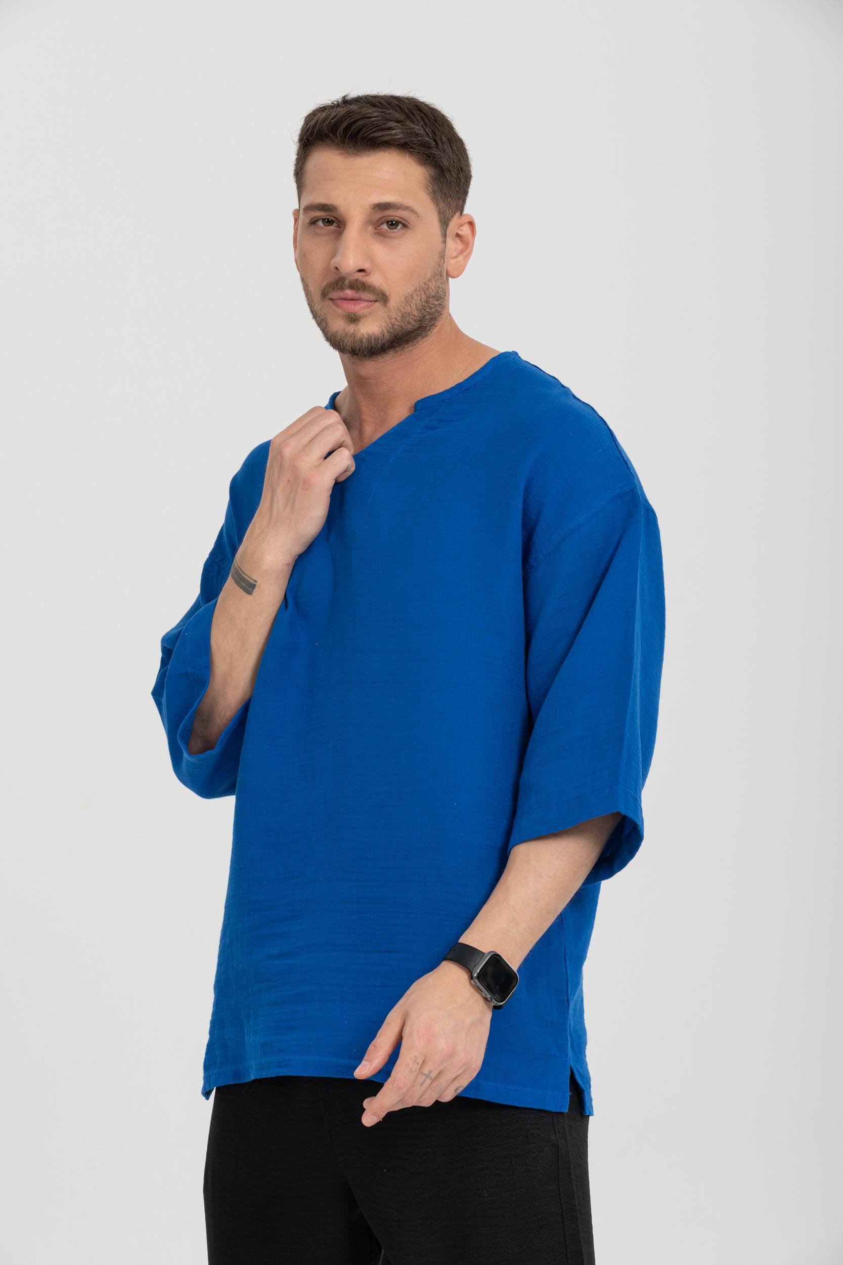R-3928 Armut Yaka Oversize Düz Müslin Gömlek