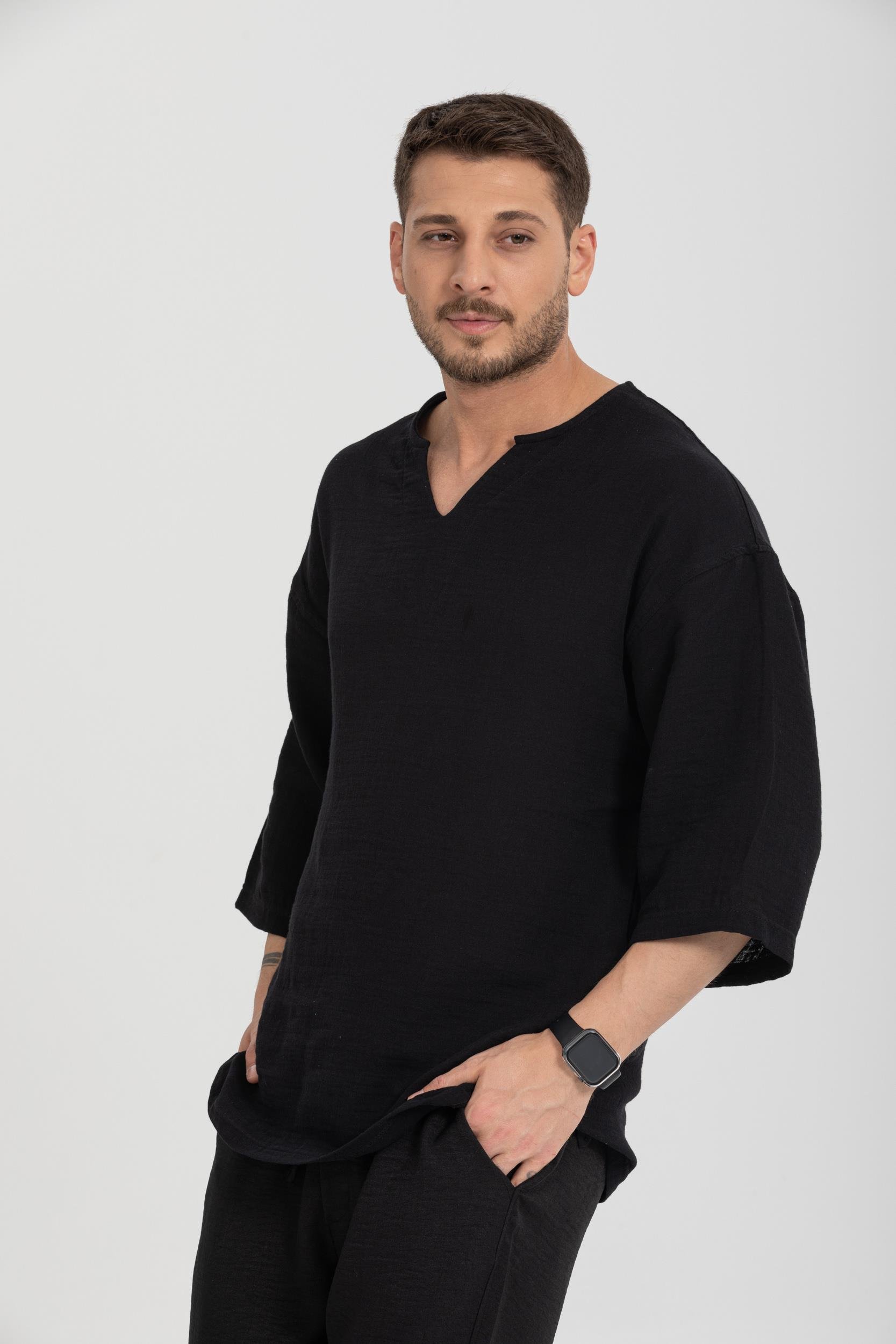 R-3928 Armut Yaka Oversize Düz Müslin Gömlek