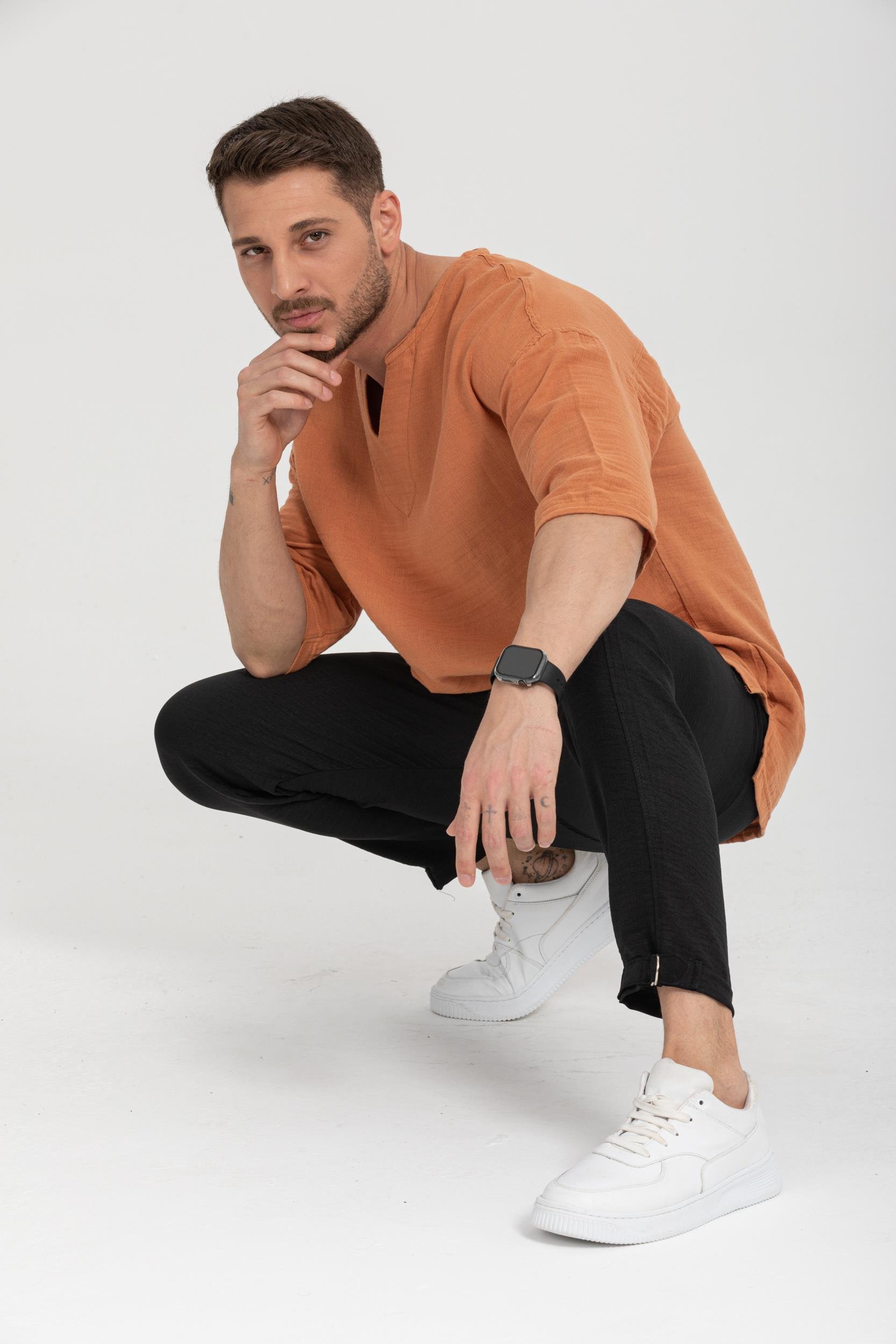 R-3928 Armut Yaka Oversize Düz Müslin Gömlek