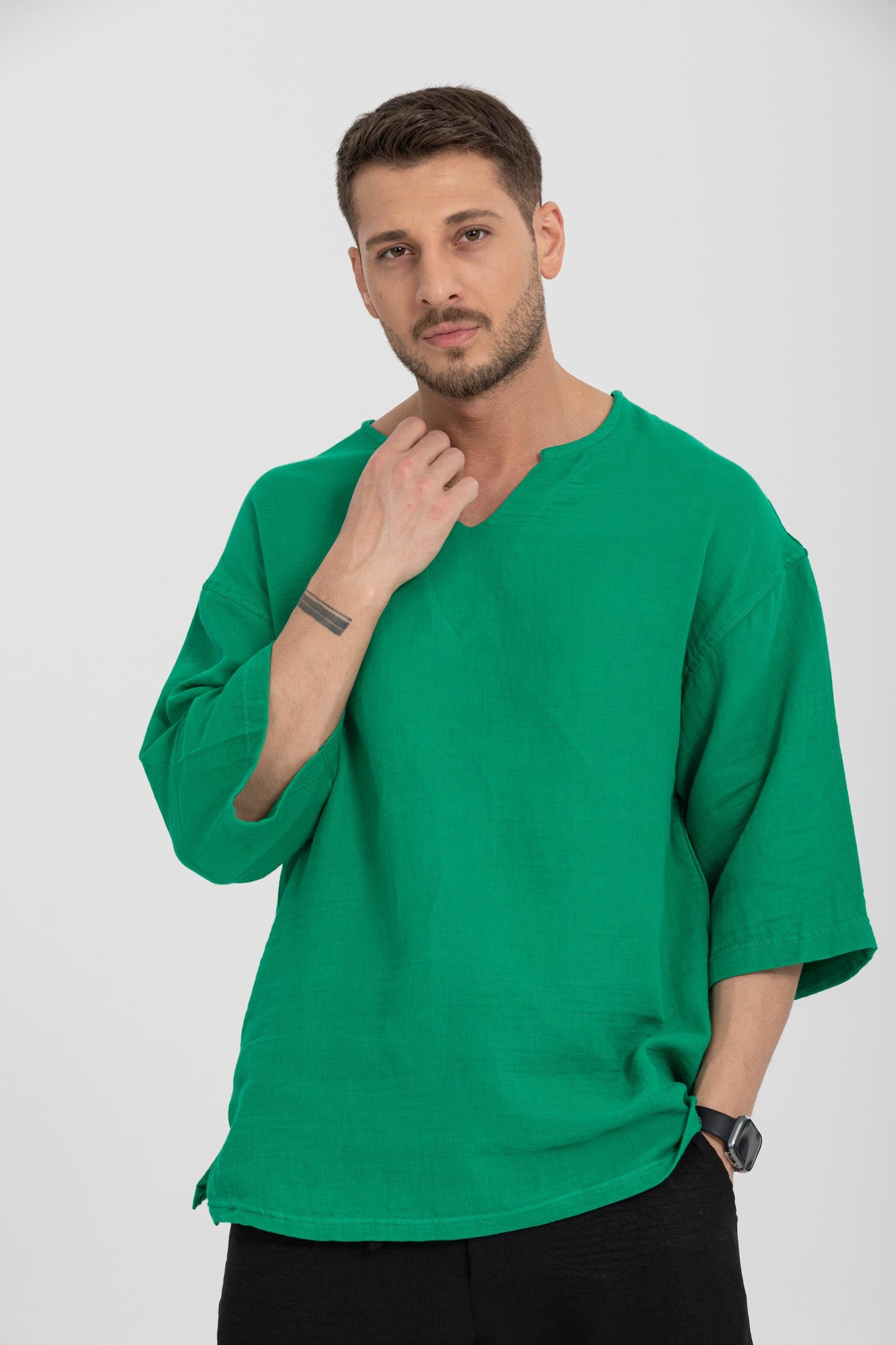 R-3928 Armut Yaka Oversize Düz Müslin Gömlek