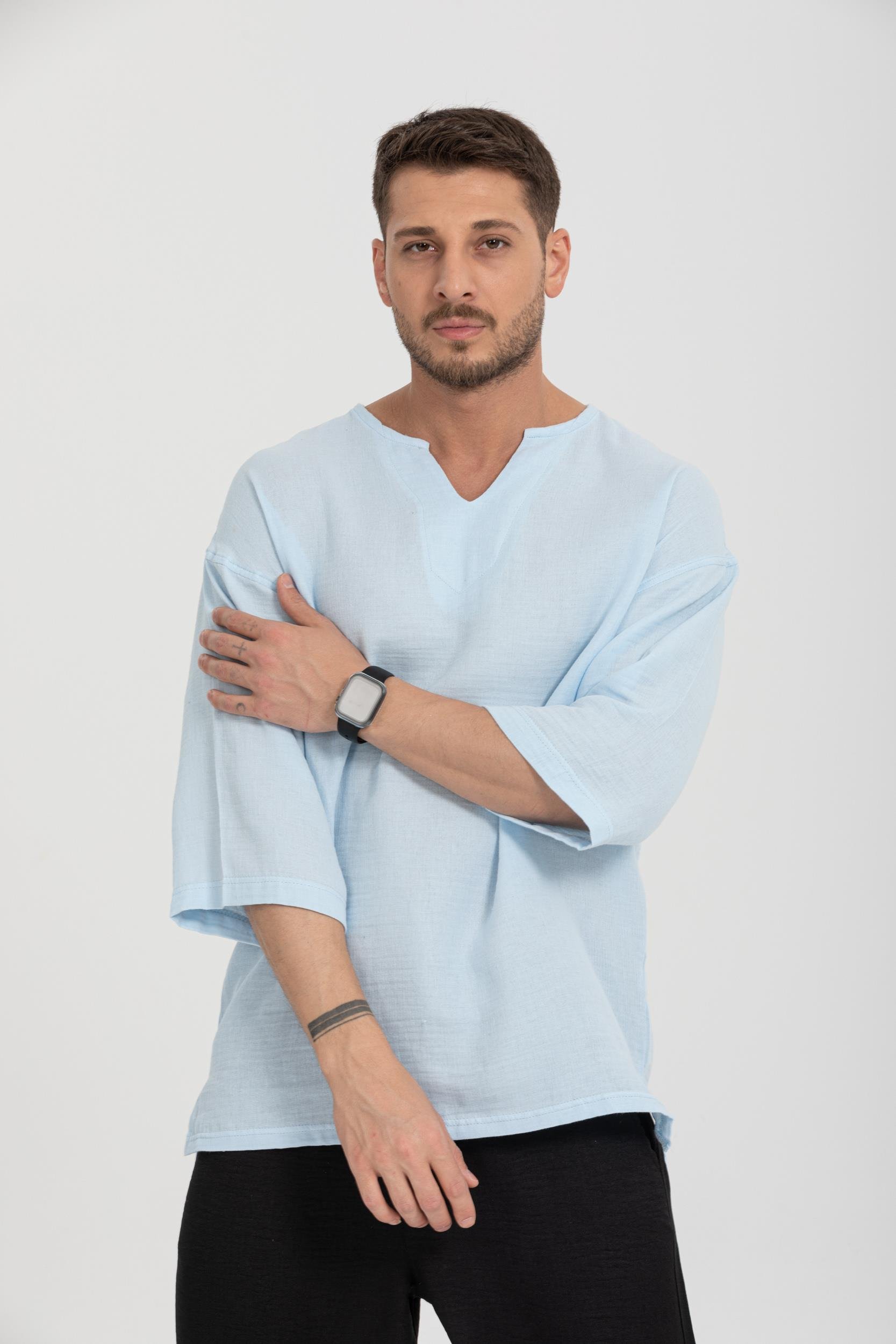 R-3928 Armut Yaka Oversize Düz Müslin Gömlek