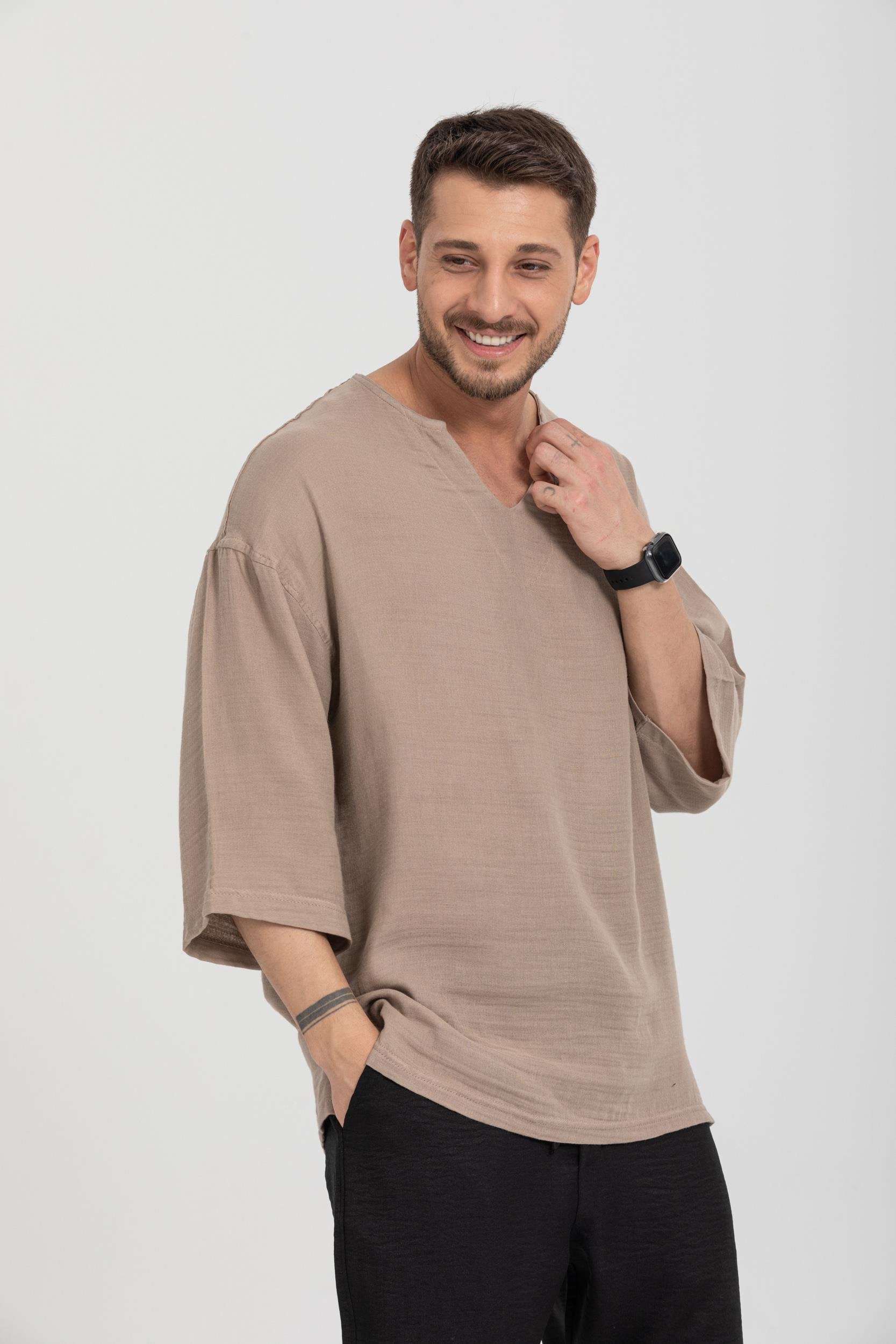 R-3928 Armut Yaka Oversize Düz Müslin Gömlek