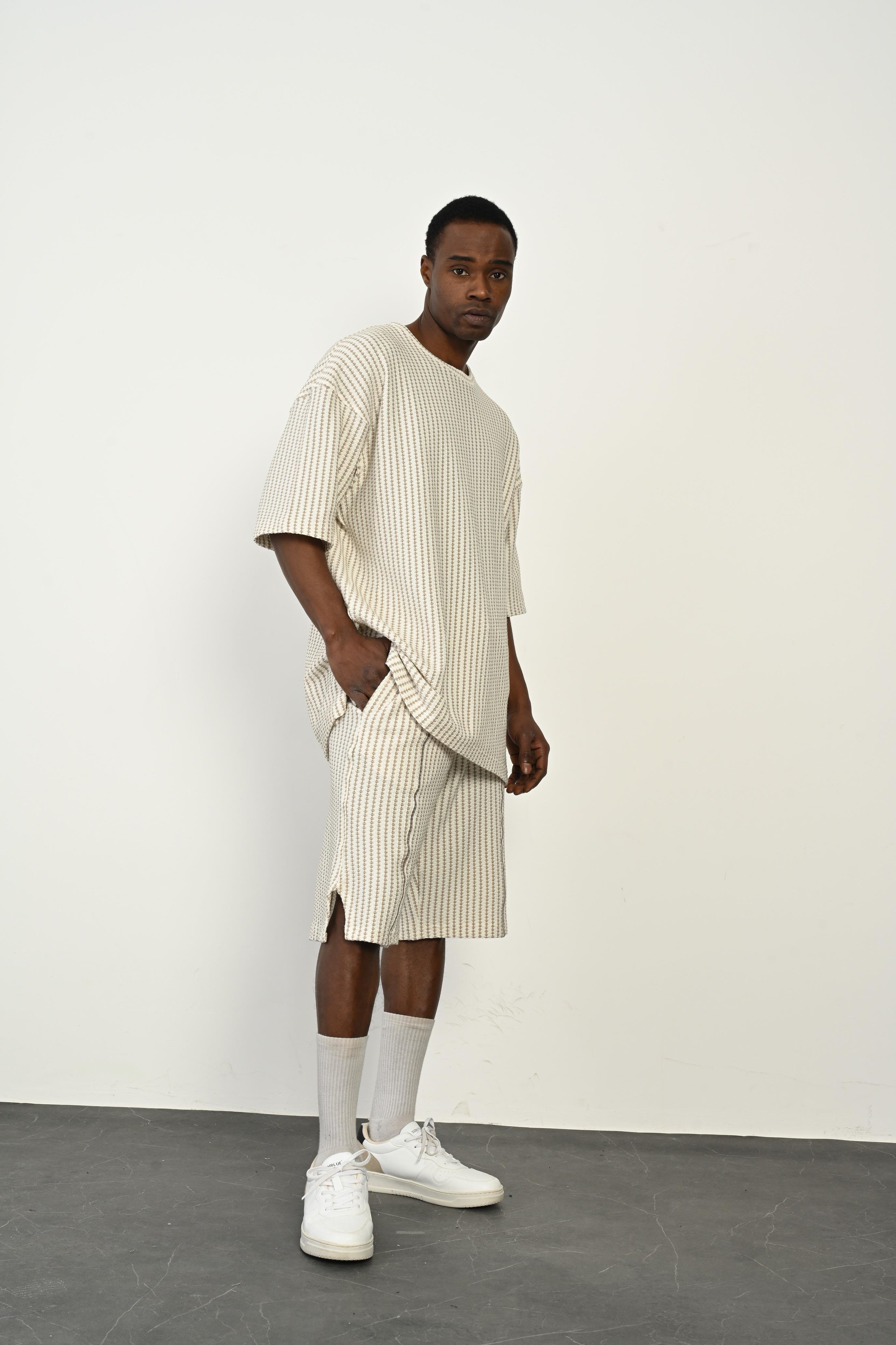 R-4365 Oversize Düz Tişört Paça Yırtmaçlı Şort Takım