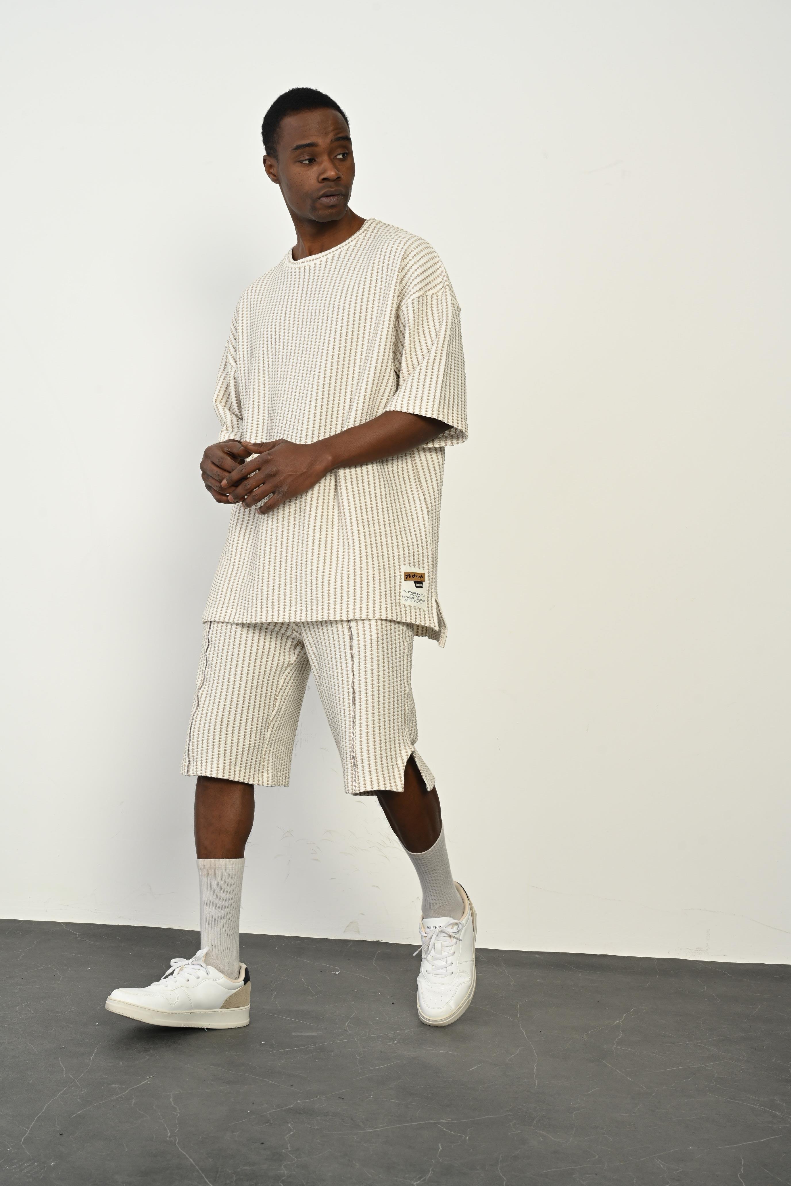 R-4365 Oversize Düz Tişört Paça Yırtmaçlı Şort Takım