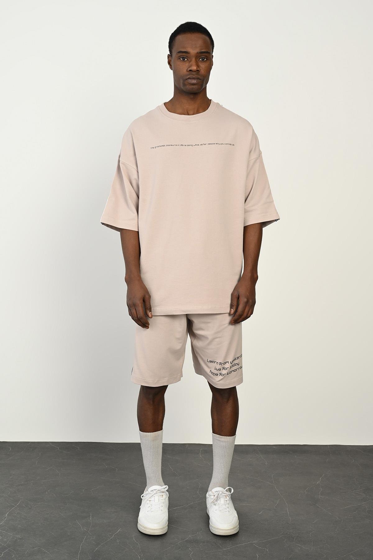 R-4368 Şerit Detaylı Tişört Şort 2 iplik Takım