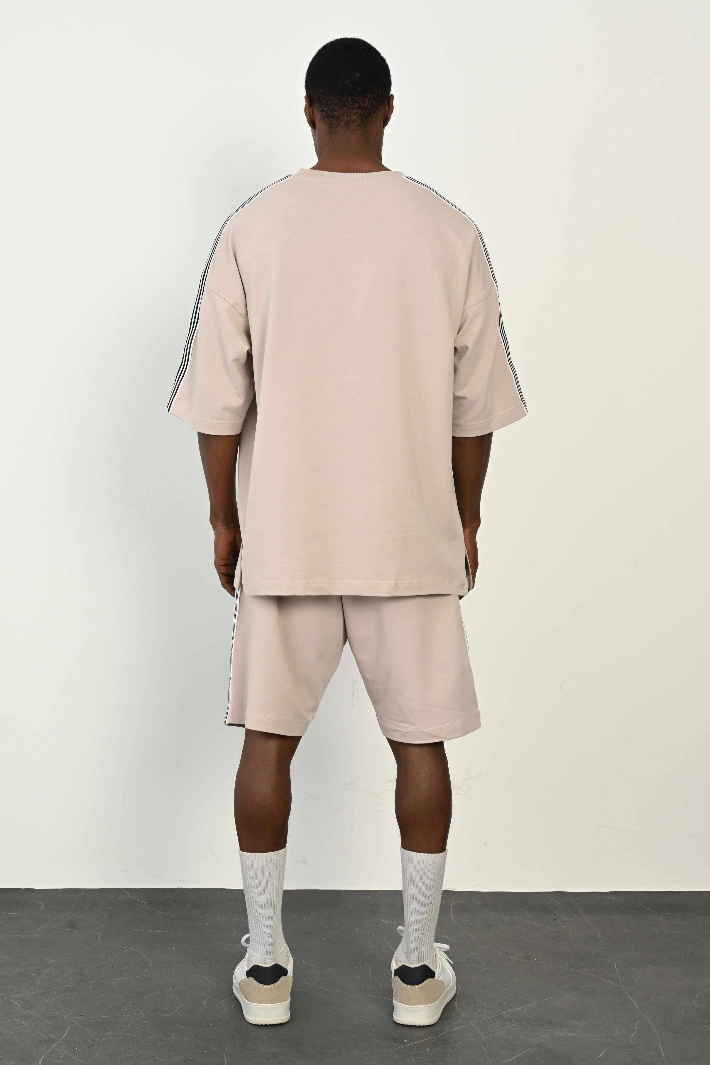 R-4368 Şerit Detaylı Tişört Şort 2 iplik Takım