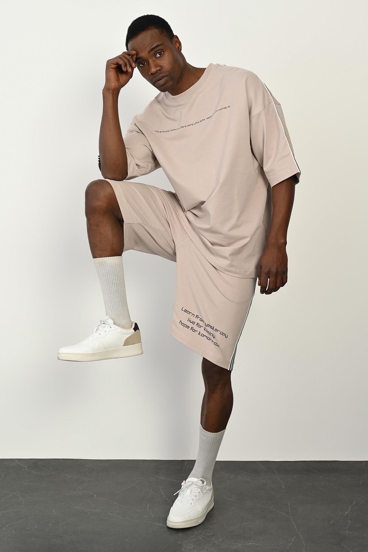 R-4368 Şerit Detaylı Tişört Şort 2 iplik Takım