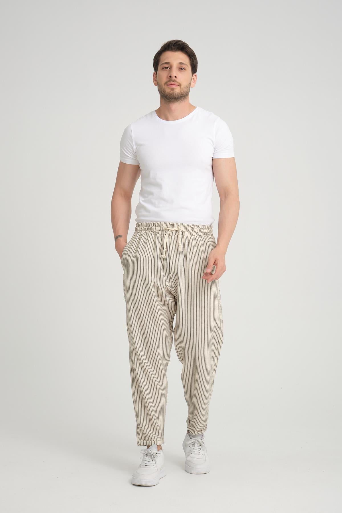 R-4403 Bel Lastikli Double Paça Katlamalı Çizgili Pantolon
