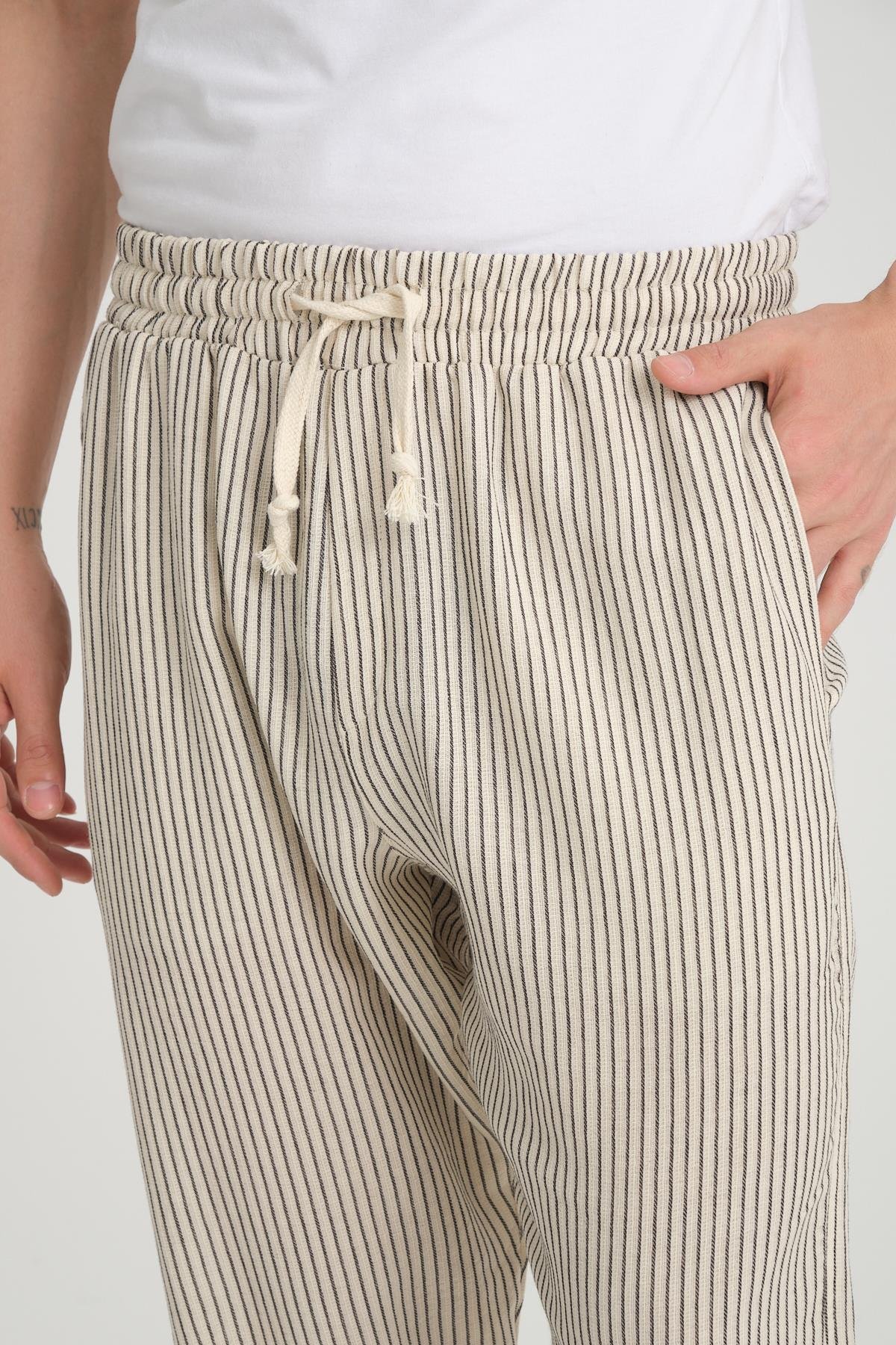 R-4403 Bel Lastikli Double Paça Katlamalı Çizgili Pantolon