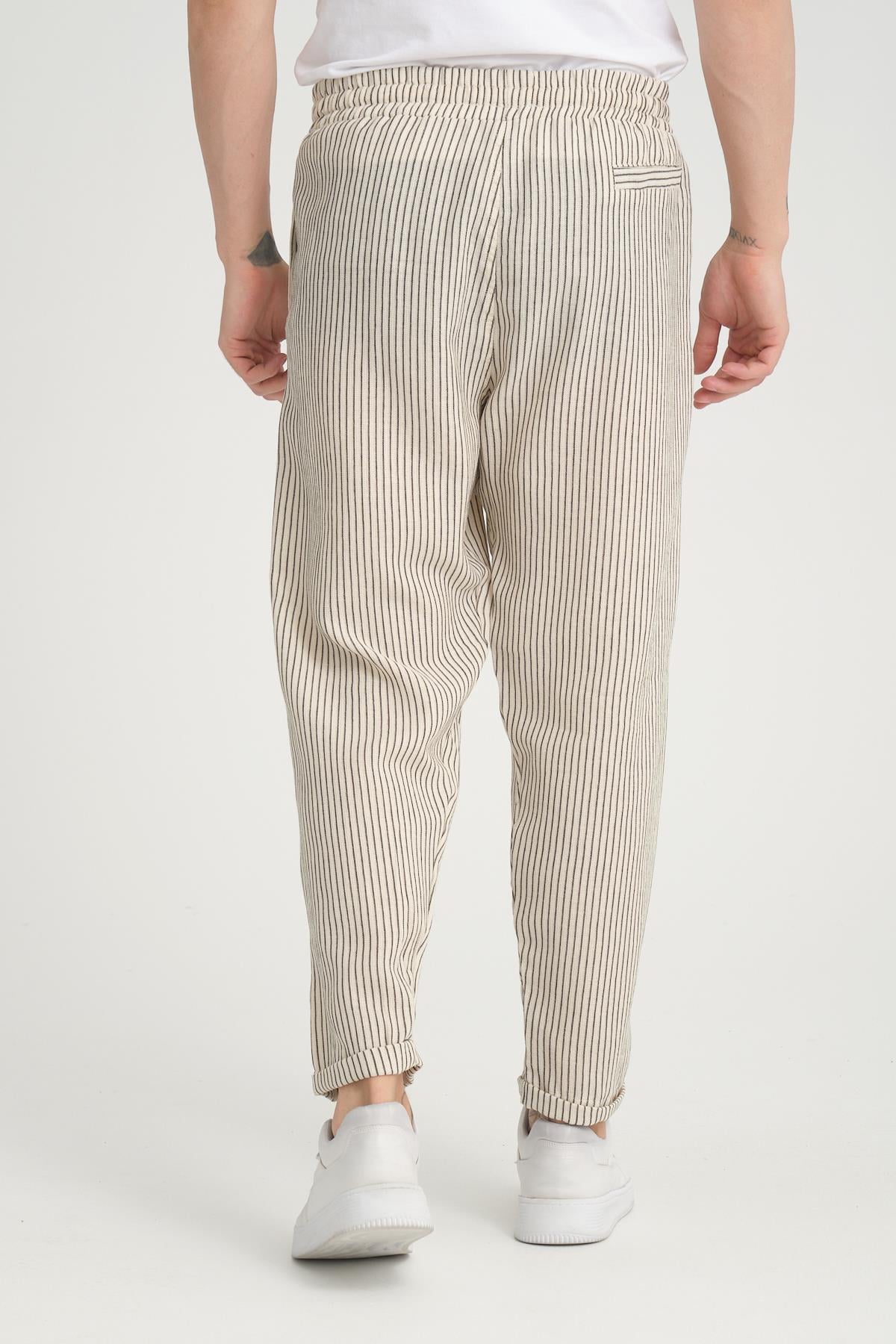 R-4403 Bel Lastikli Double Paça Katlamalı Çizgili Pantolon