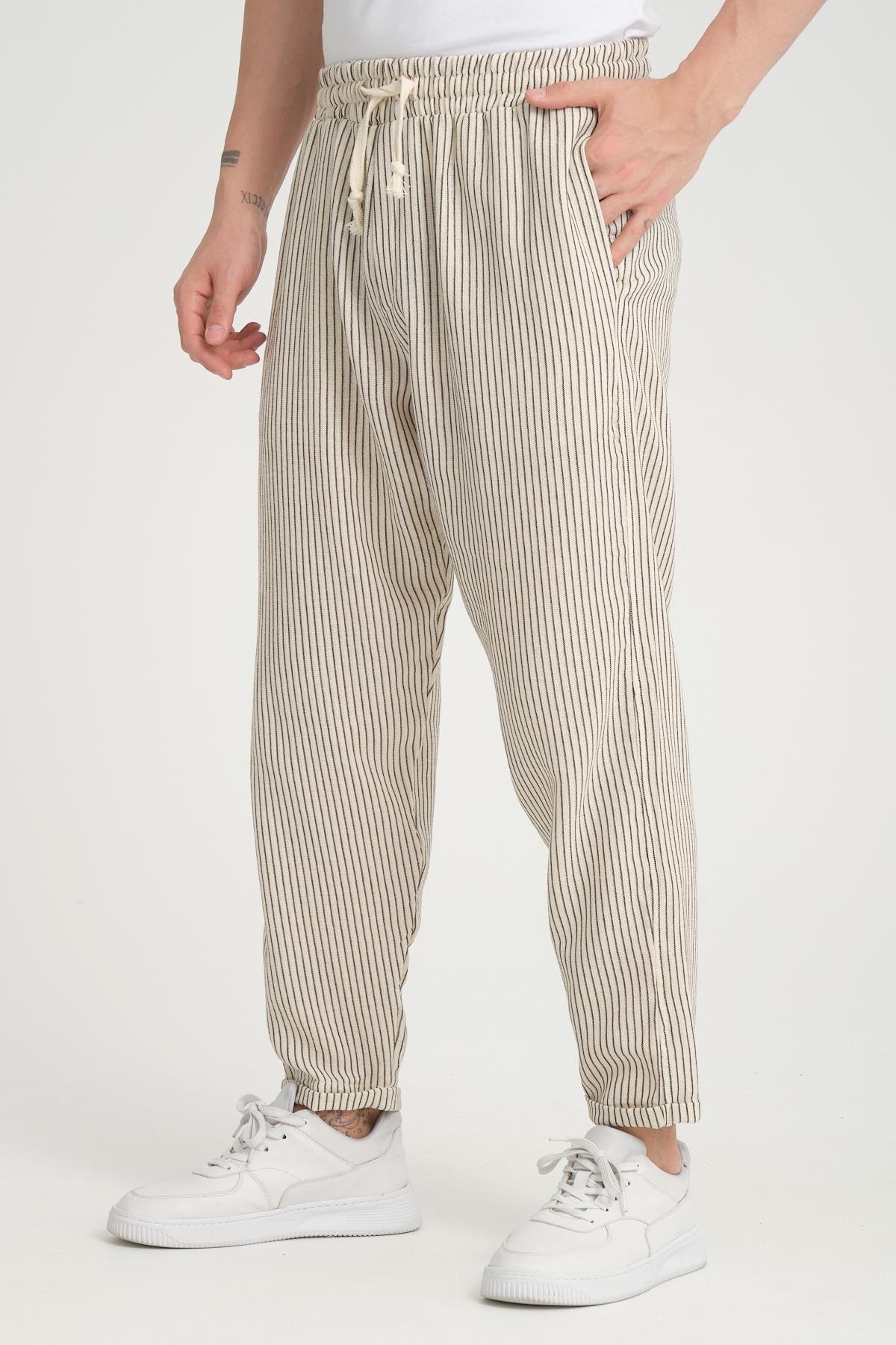 R-4403 Bel Lastikli Double Paça Katlamalı Çizgili Pantolon