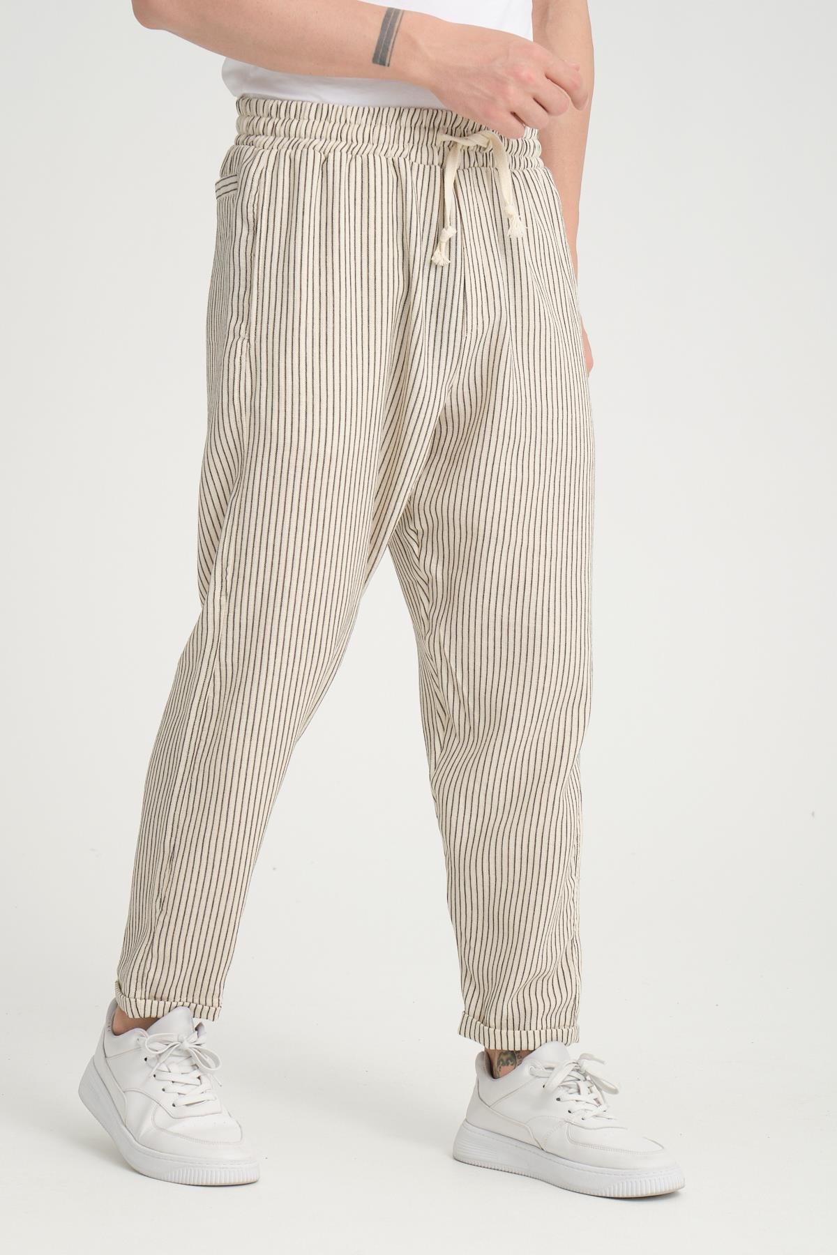R-4403 Bel Lastikli Double Paça Katlamalı Çizgili Pantolon