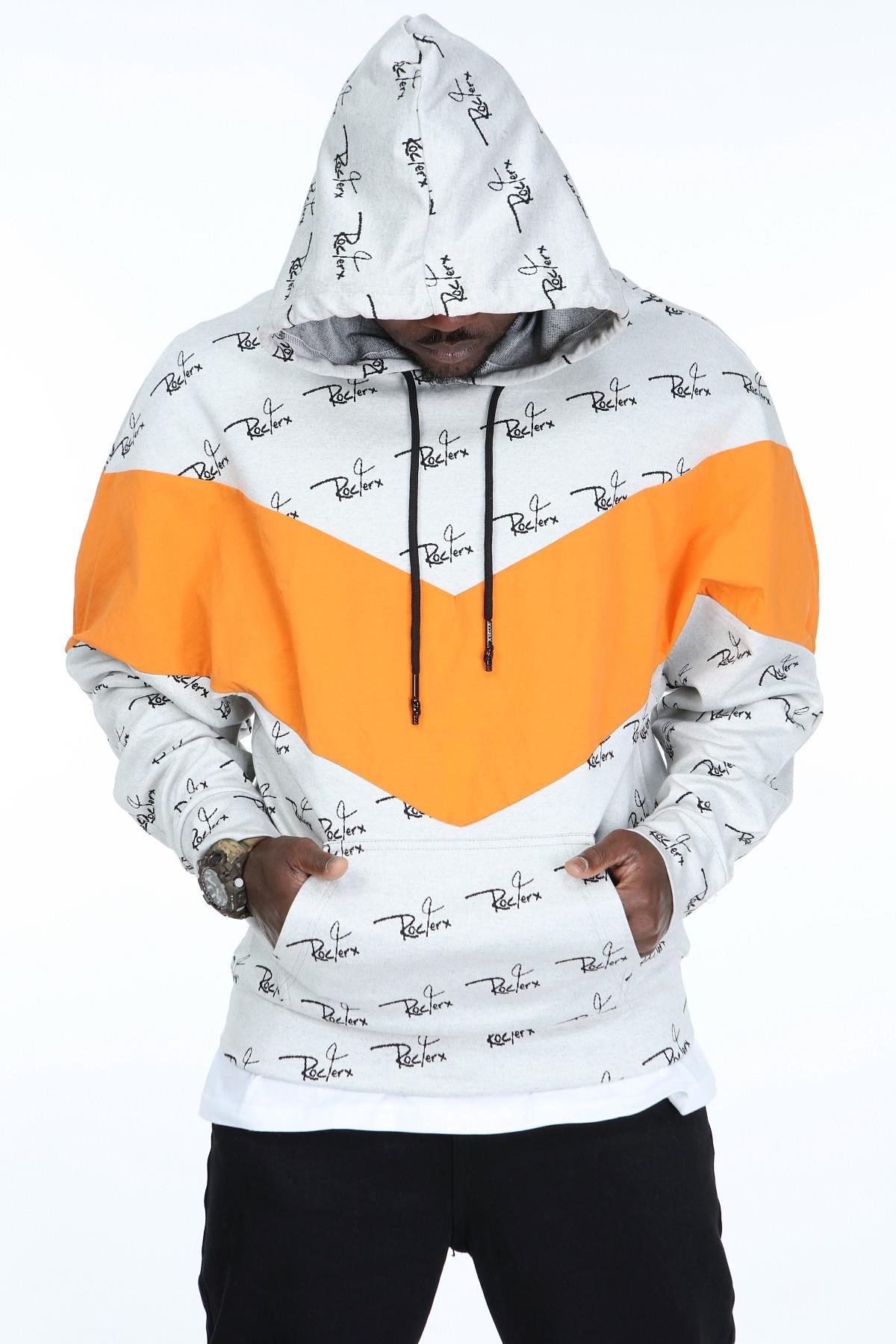 R-5158 RocqerX Baskılı Oranj Garnili Kapüşonlu Sweatshirt