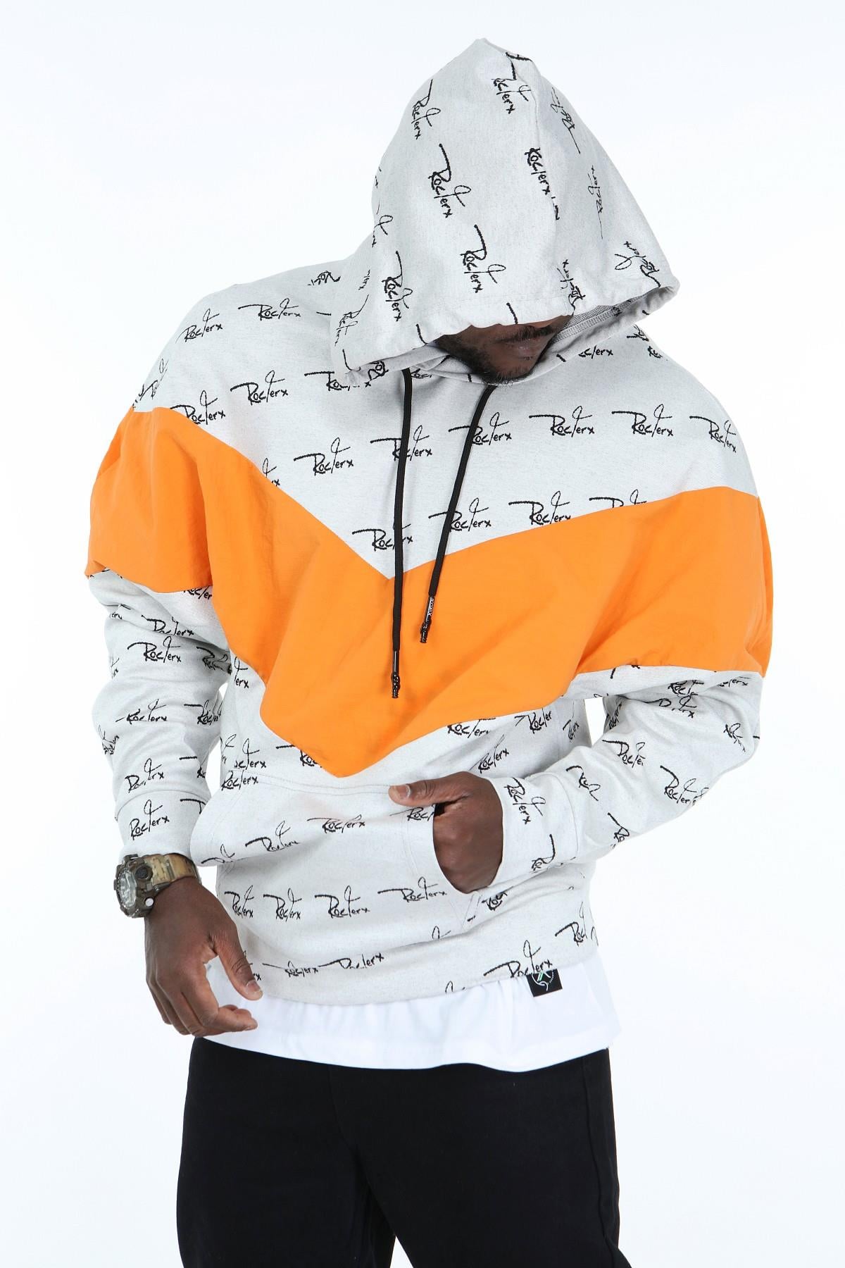 R-5158 RocqerX Baskılı Oranj Garnili Kapüşonlu Sweatshirt