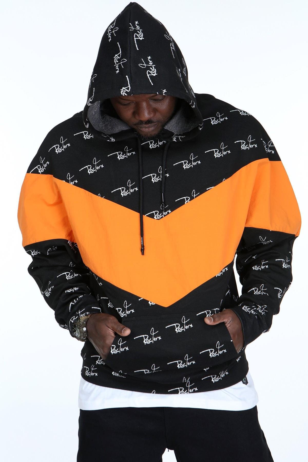 R-5158 RocqerX Baskılı Oranj Garnili Kapüşonlu Sweatshirt