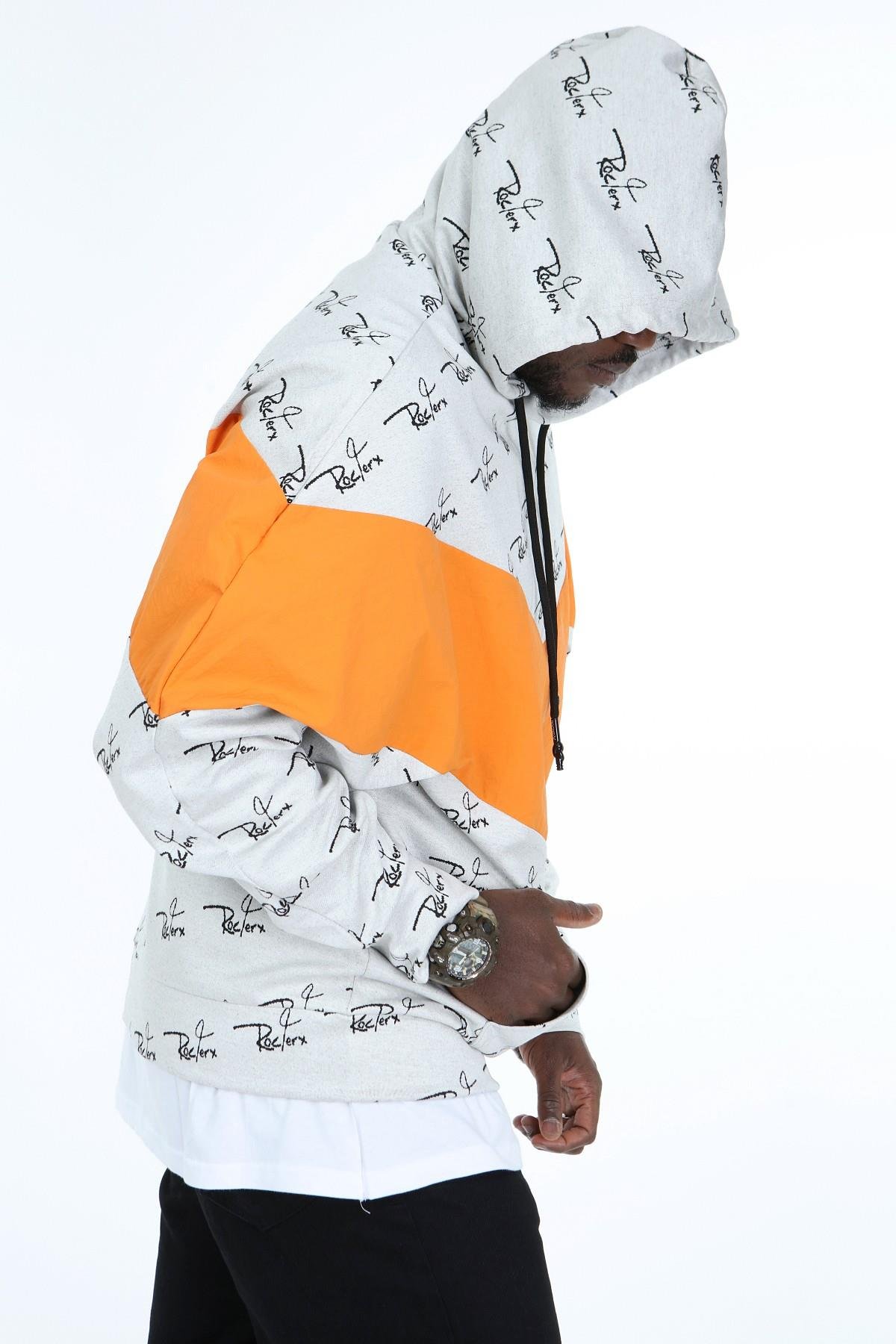 R-5158 RocqerX Baskılı Oranj Garnili Kapüşonlu Sweatshirt