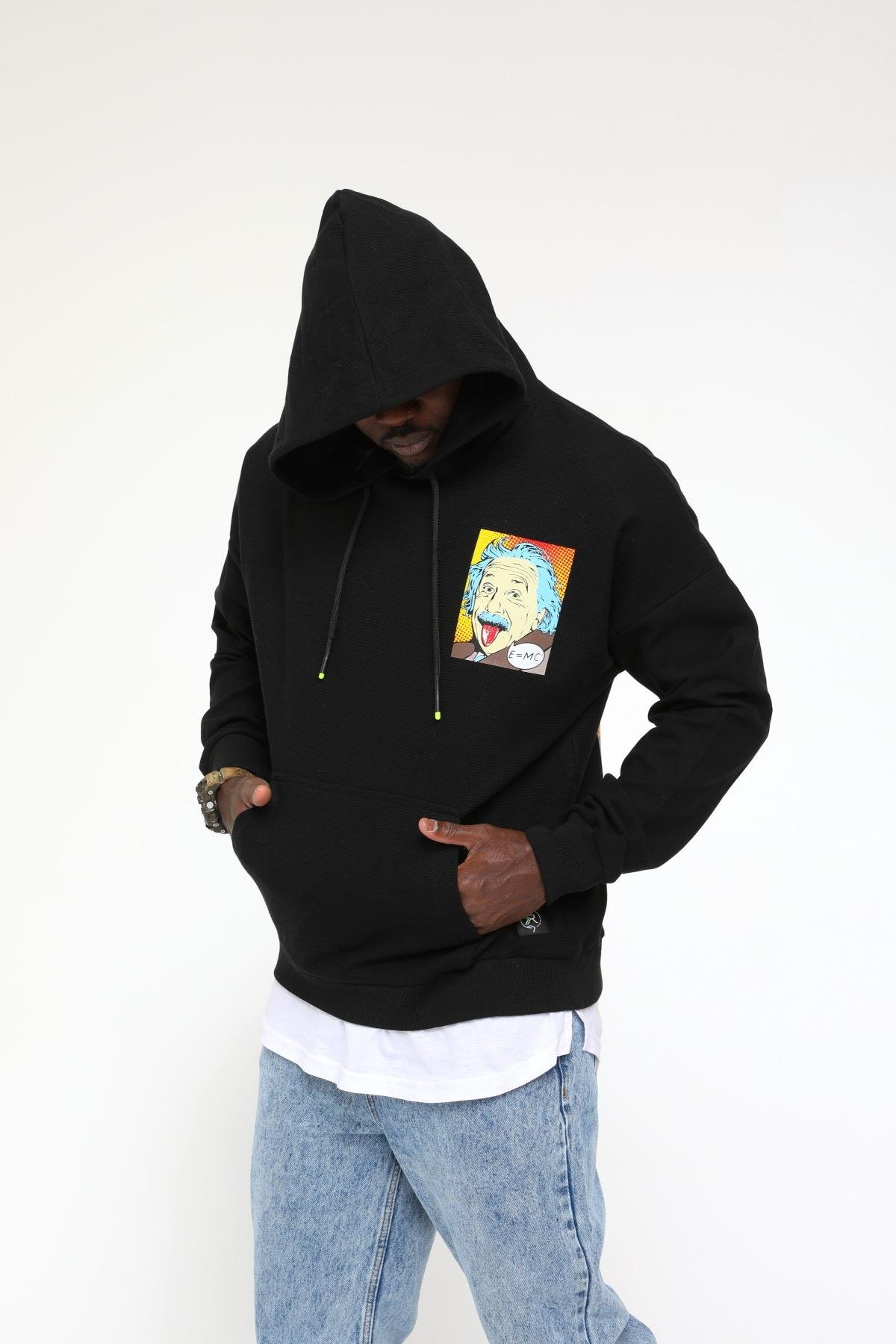 R-5160 EİNSTEİN BASKILI KAPÜŞONLÜ KANGURU CEPLİ SWEAT