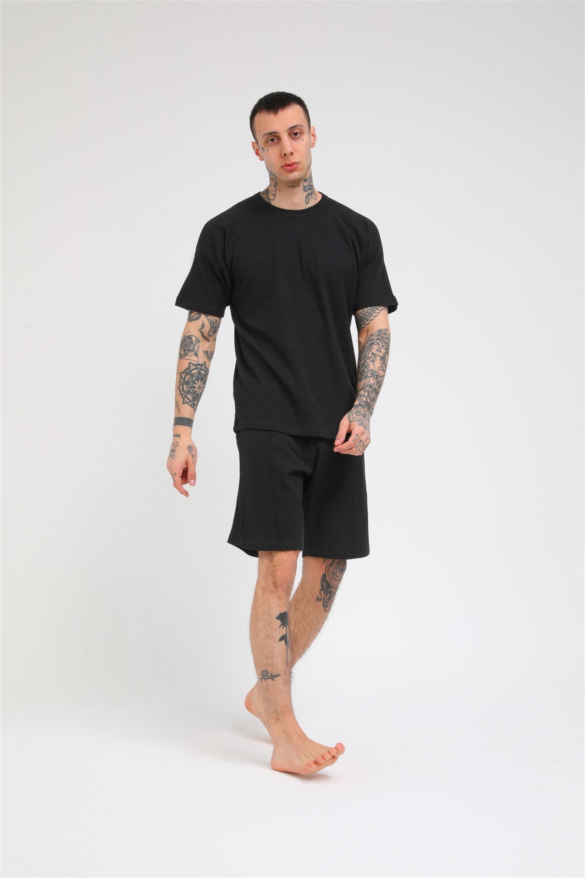 R-5257 REGLAN KOLLU WAFFLE ŞORTLU TAKIM