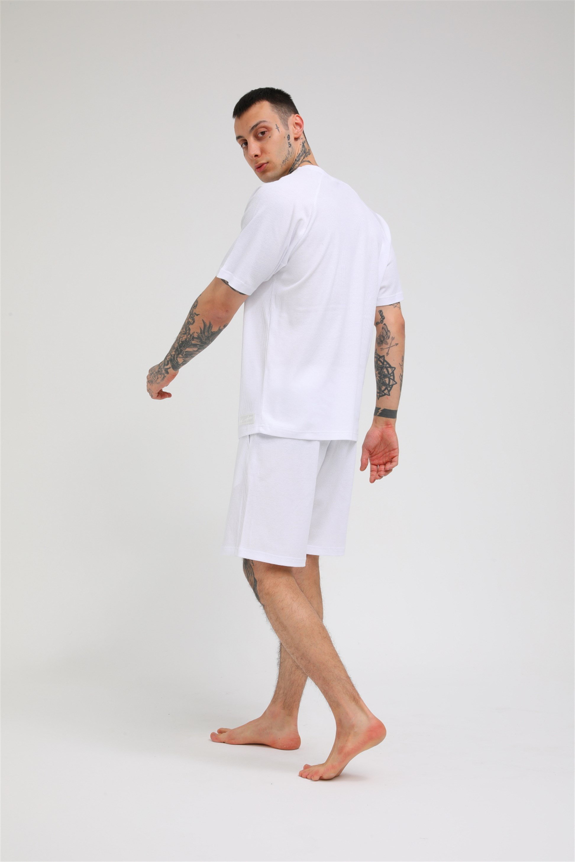 R-5257 REGLAN KOLLU WAFFLE ŞORTLU TAKIM