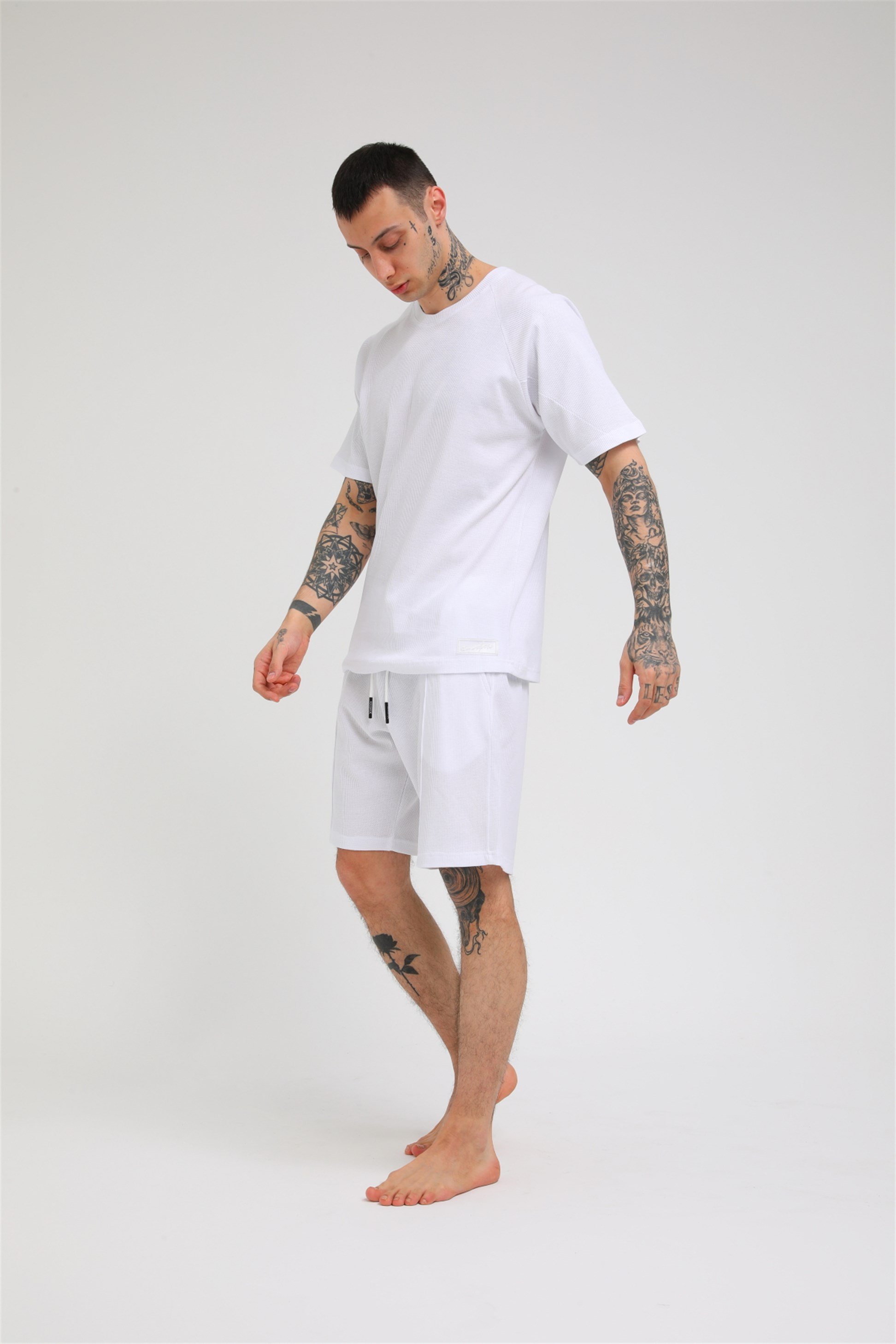 R-5257 REGLAN KOLLU WAFFLE ŞORTLU TAKIM