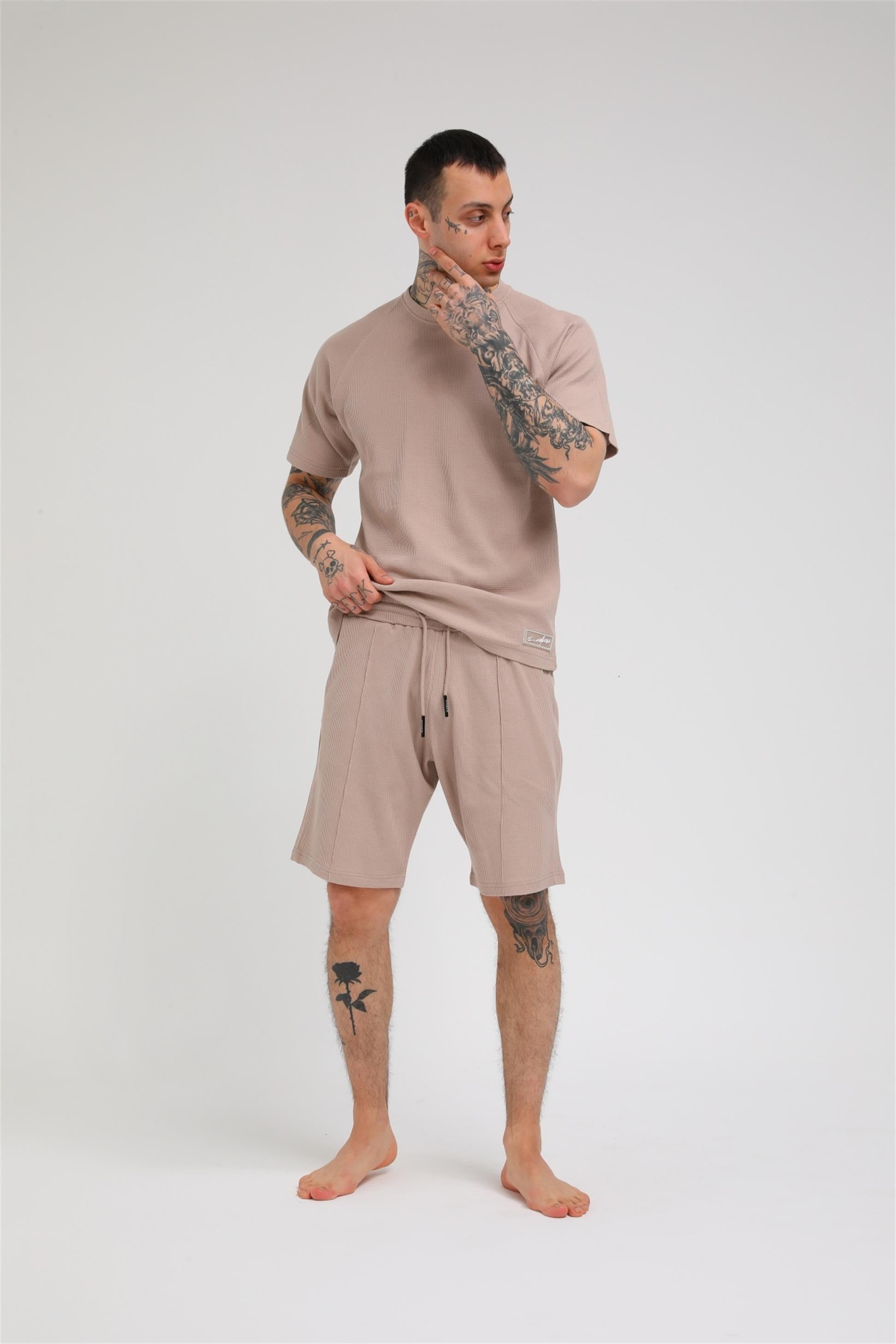 R-5257 REGLAN KOLLU WAFFLE ŞORTLU TAKIM